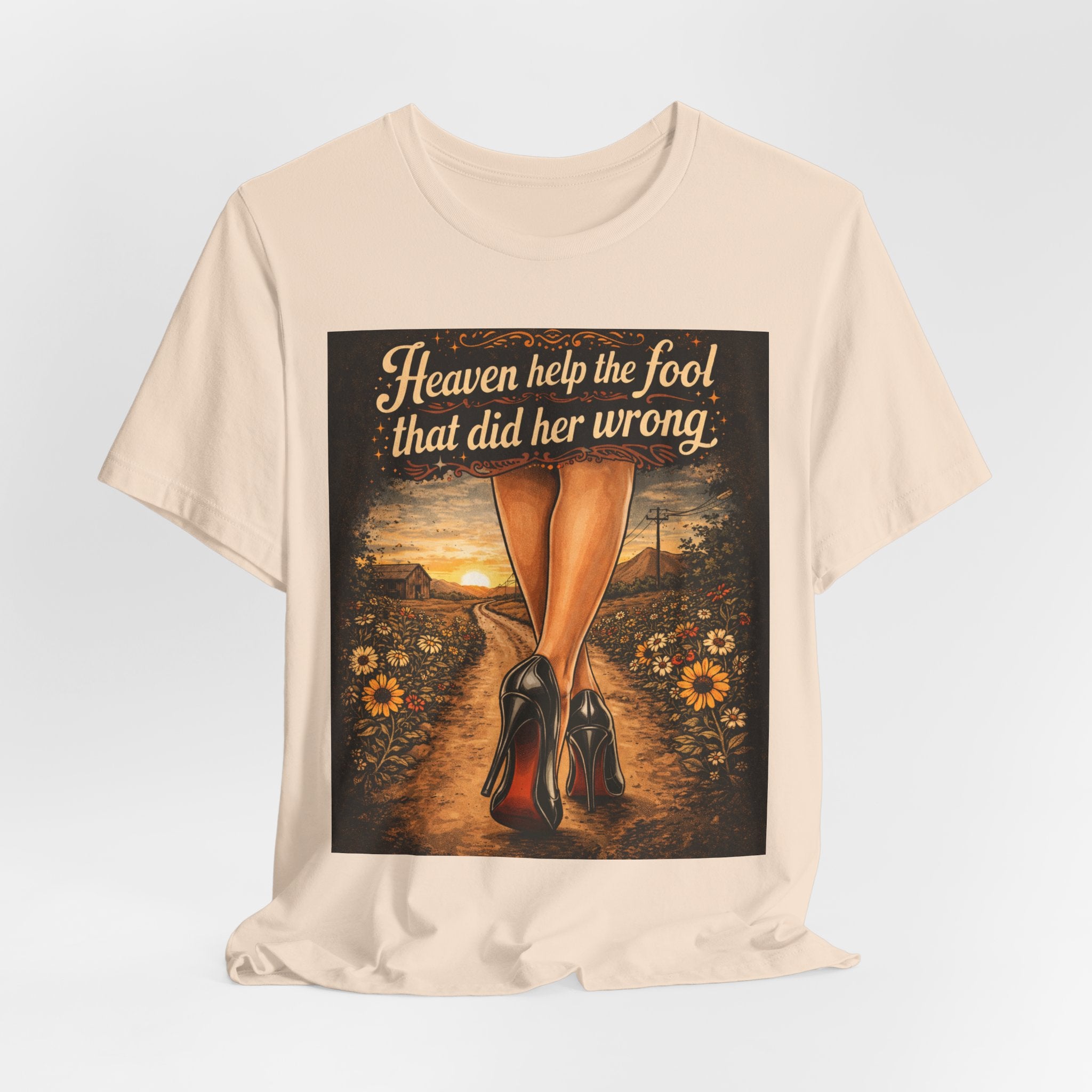 Heaven Help the Fool Graphic Tee — Retro Sunset Pinup Legs Shirt