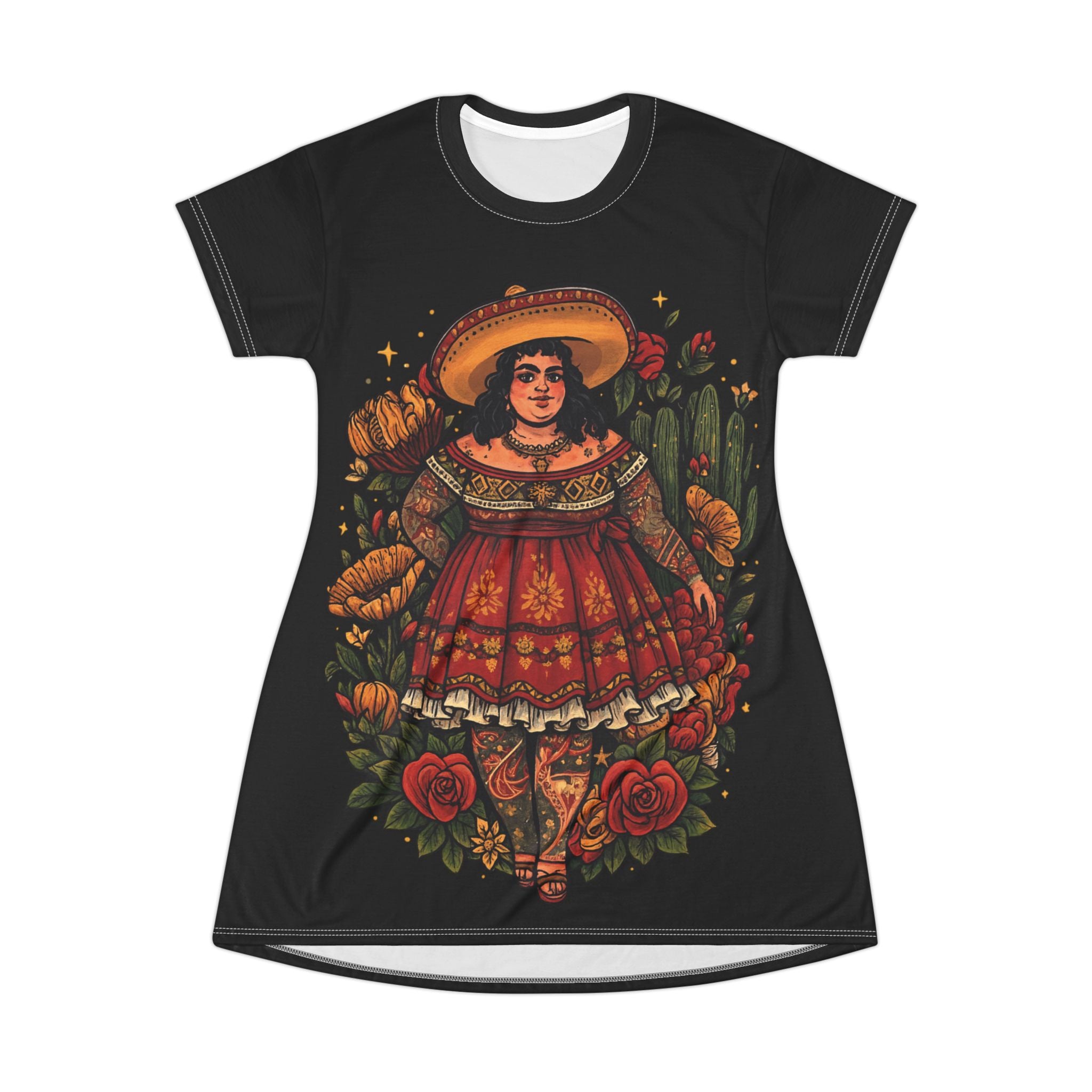 Floral Mexican Folk Art T-Shirt Dress — Vintage Dancer Illustration