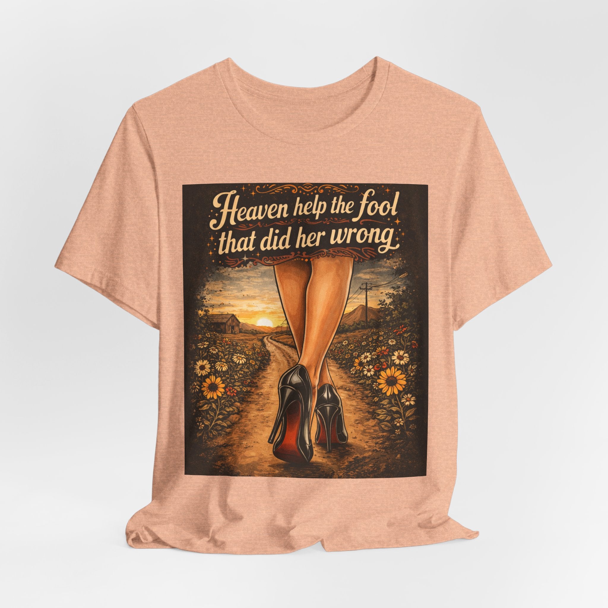 Heaven Help the Fool Graphic Tee — Retro Sunset Pinup Legs Shirt