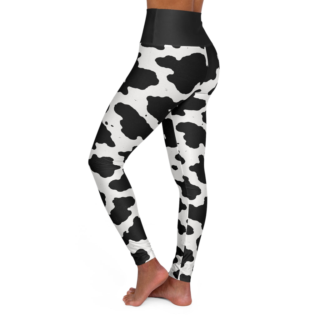 Cow Print High-Waist Yoga Leggings — Black & White Asymmetric Pattern