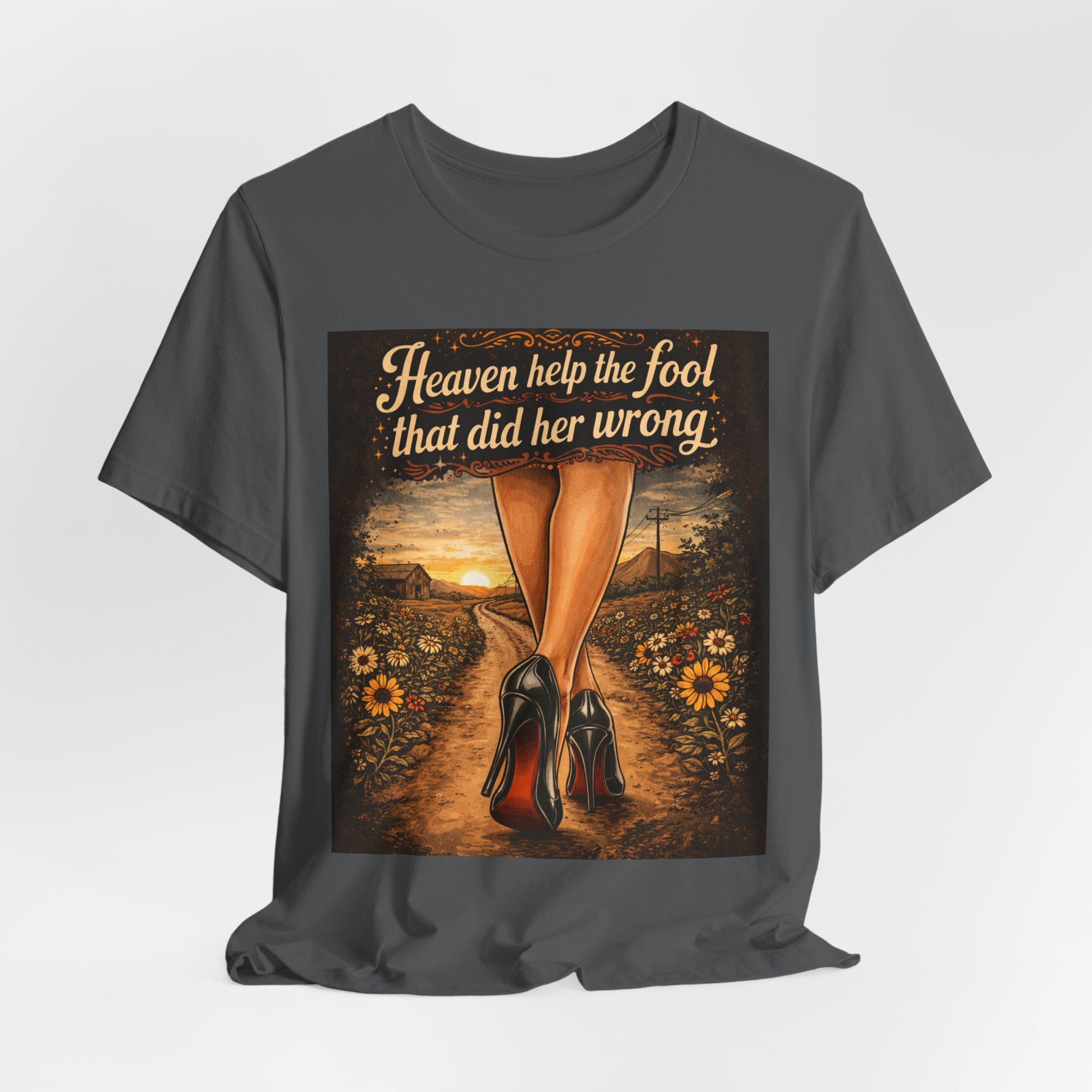 Heaven Help the Fool Graphic Tee — Retro Sunset Pinup Legs Shirt