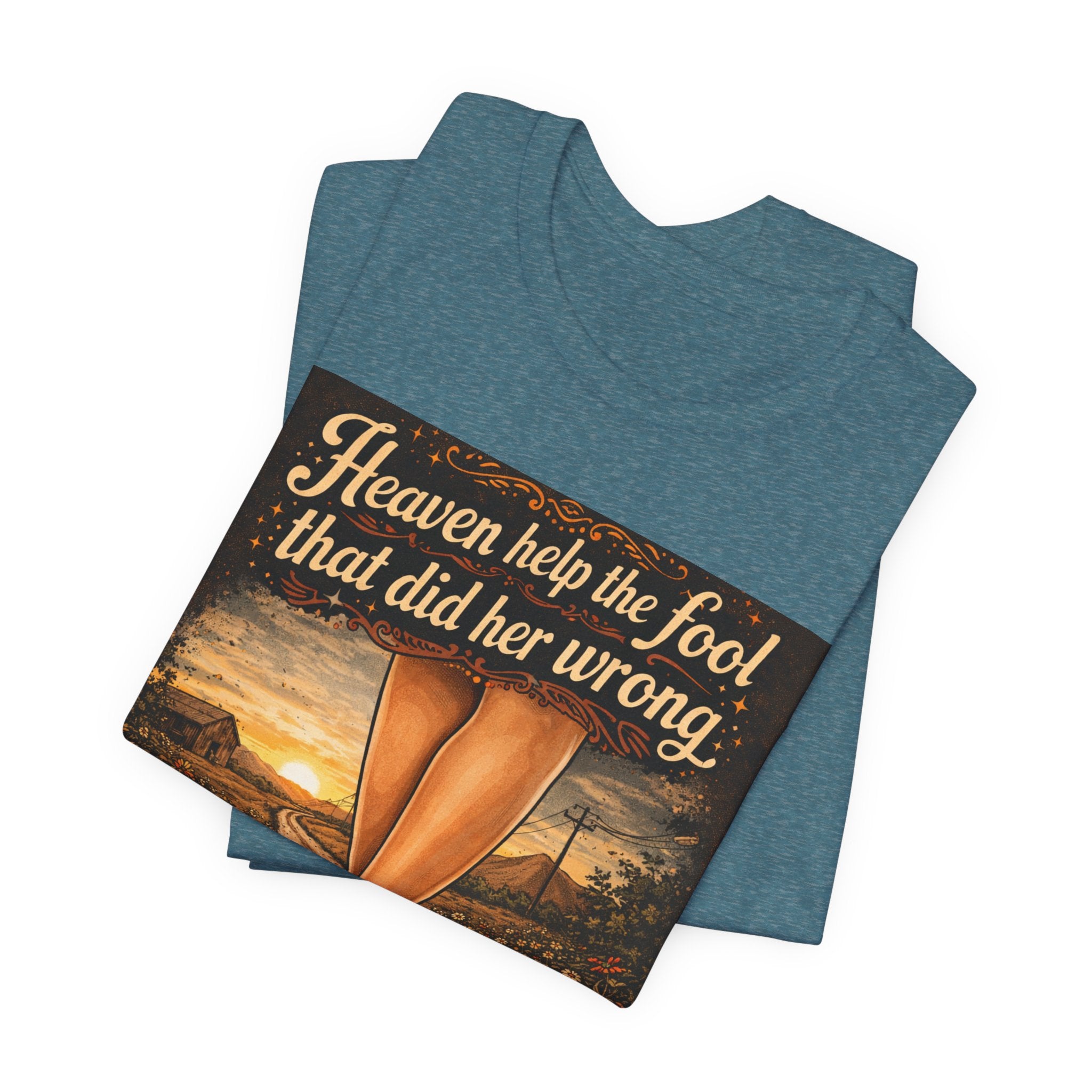 Heaven Help the Fool Graphic Tee — Retro Sunset Pinup Legs Shirt