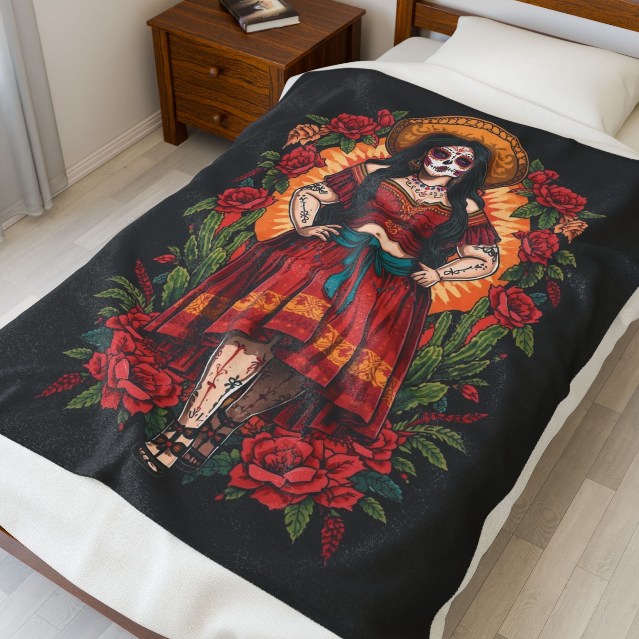 Day of the Dead Velveteen Plush Blanket – Mexican Sugar Skull Girl Design