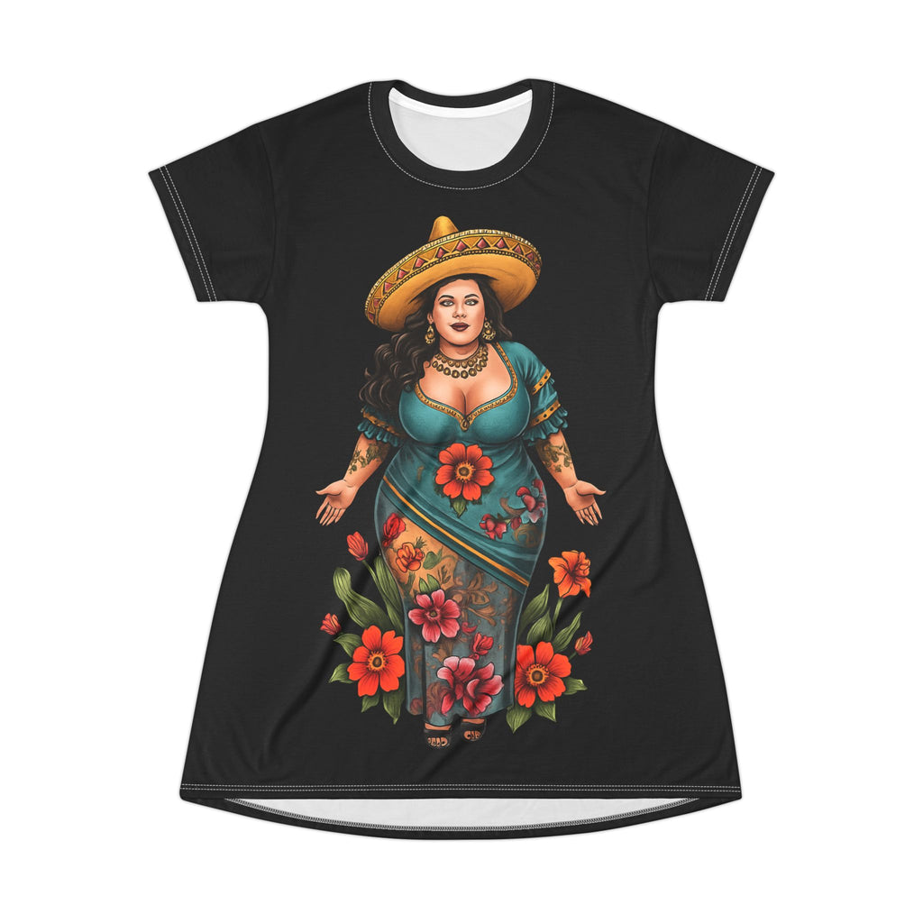 Fiesta Chicana T-Shirt Dress – Colorful Latina Girl with Sombrero Floral Design