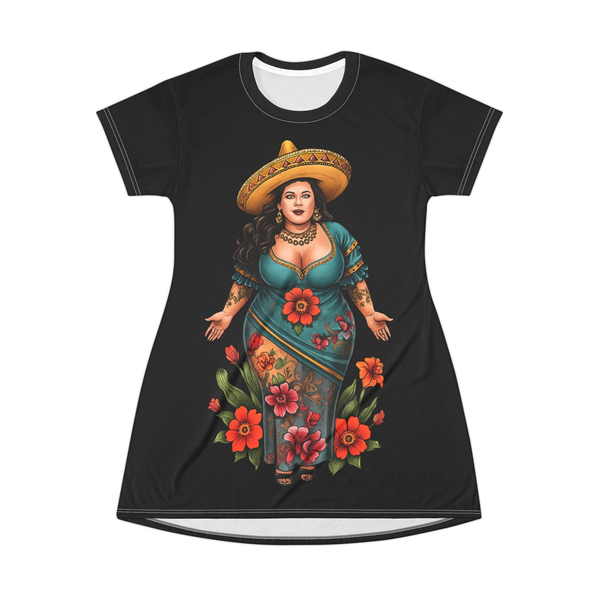 Fiesta Chicana T-Shirt Dress – Colorful Latina Girl with Sombrero Floral Design