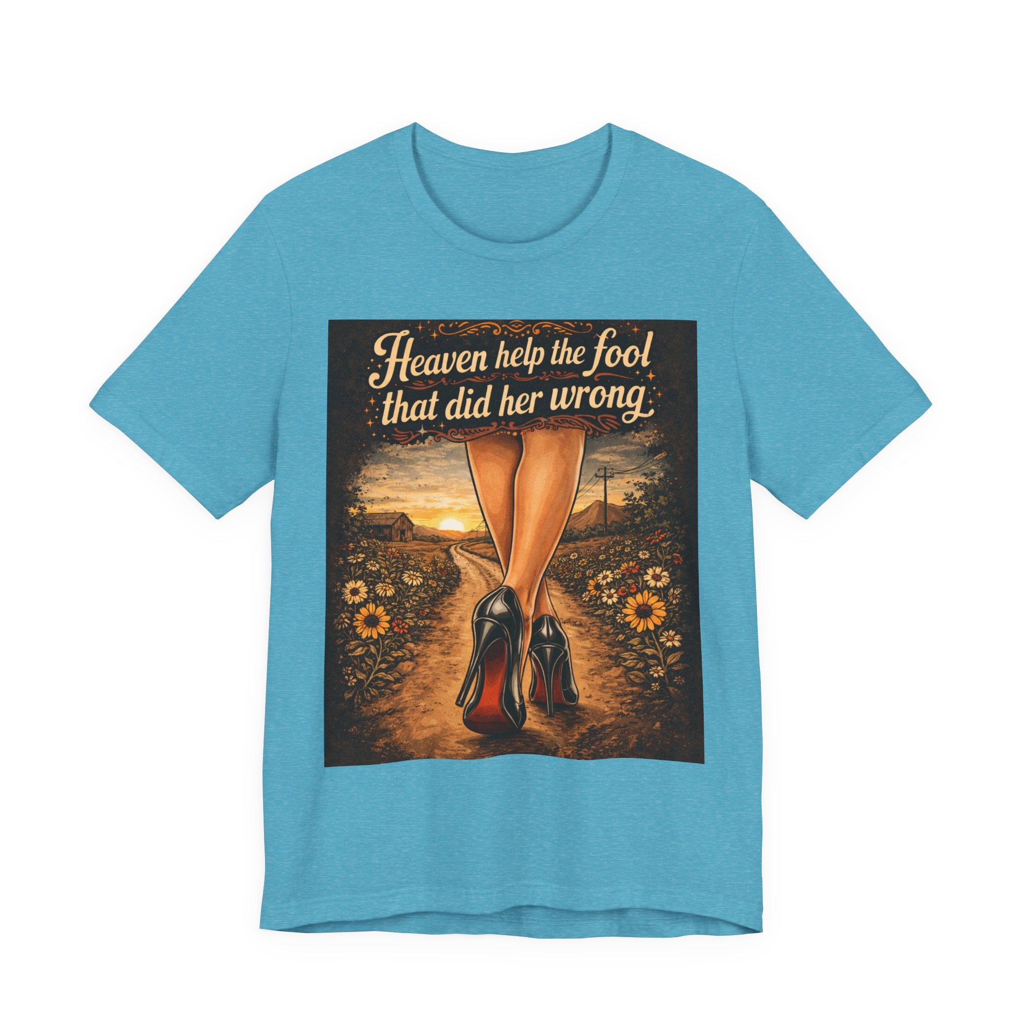 Heaven Help the Fool Graphic Tee — Retro Sunset Pinup Legs Shirt