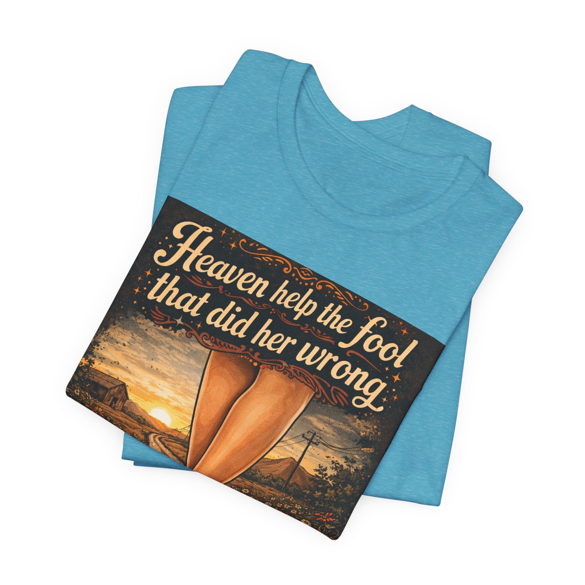 Heaven Help the Fool Graphic Tee — Retro Sunset Pinup Legs Shirt