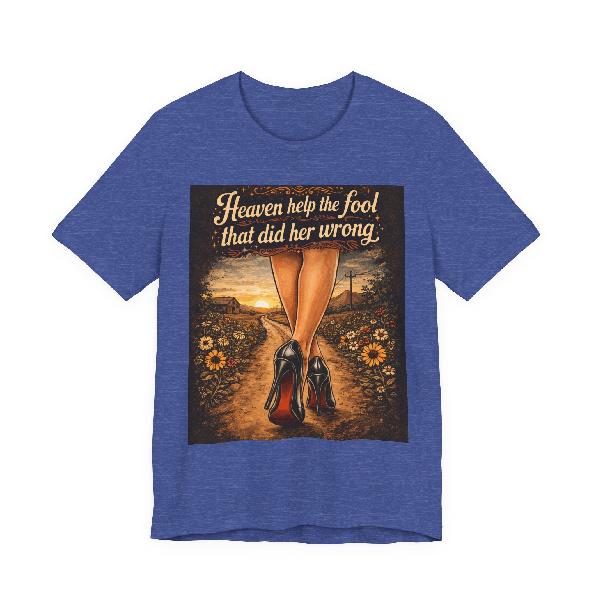 Heaven Help the Fool Graphic Tee — Retro Sunset Pinup Legs Shirt