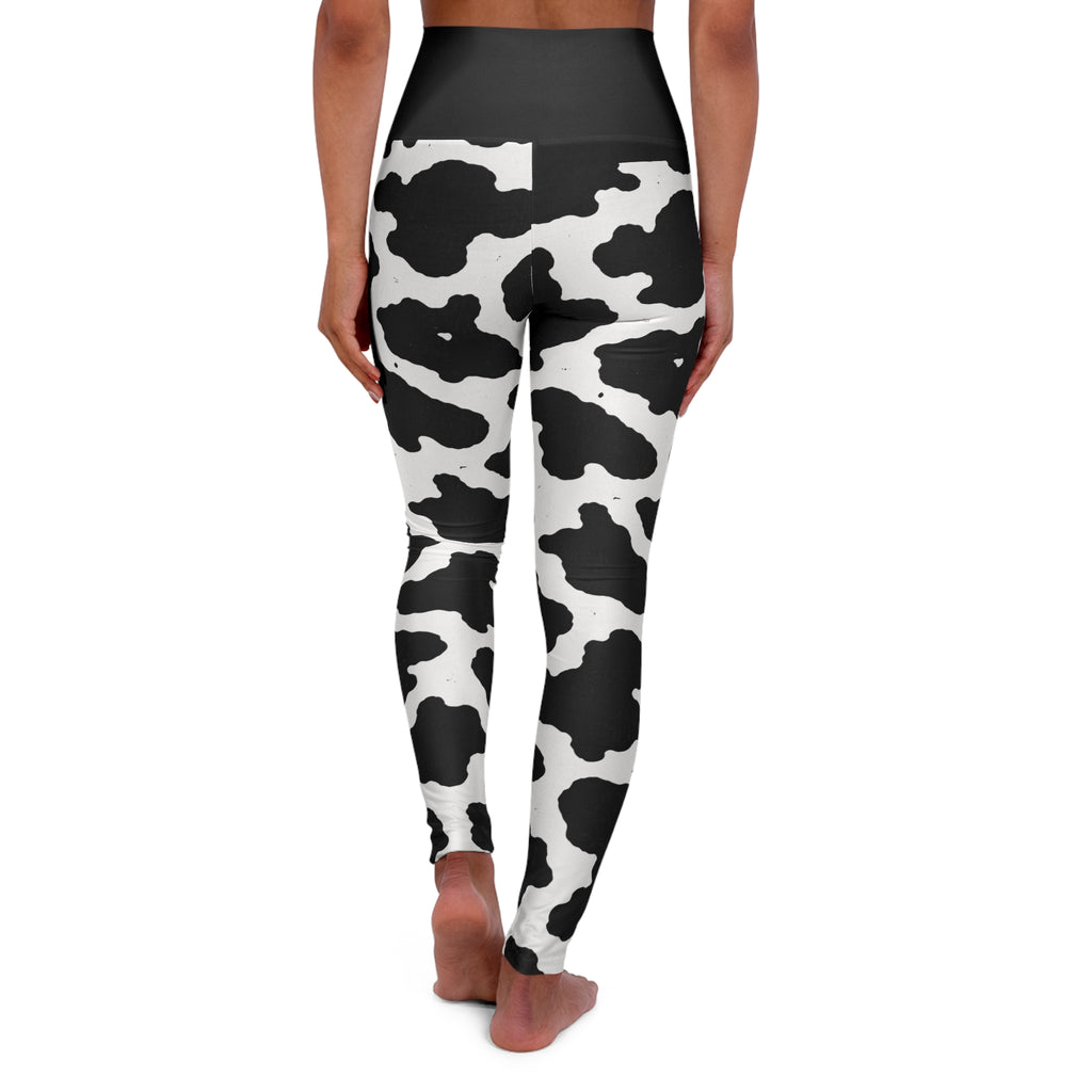 Cow Print High-Waist Yoga Leggings — Black & White Asymmetric Pattern