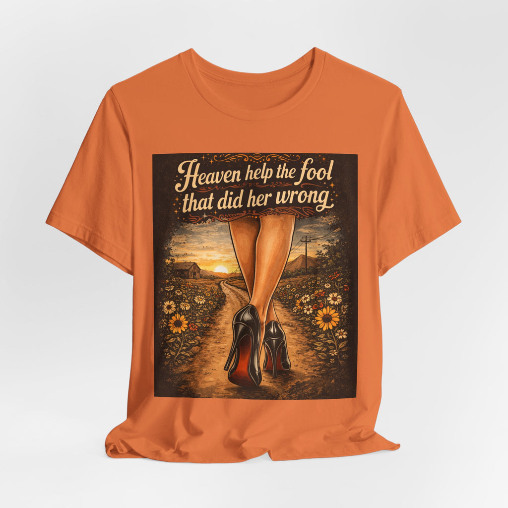 Heaven Help the Fool Graphic Tee — Retro Sunset Pinup Legs Shirt