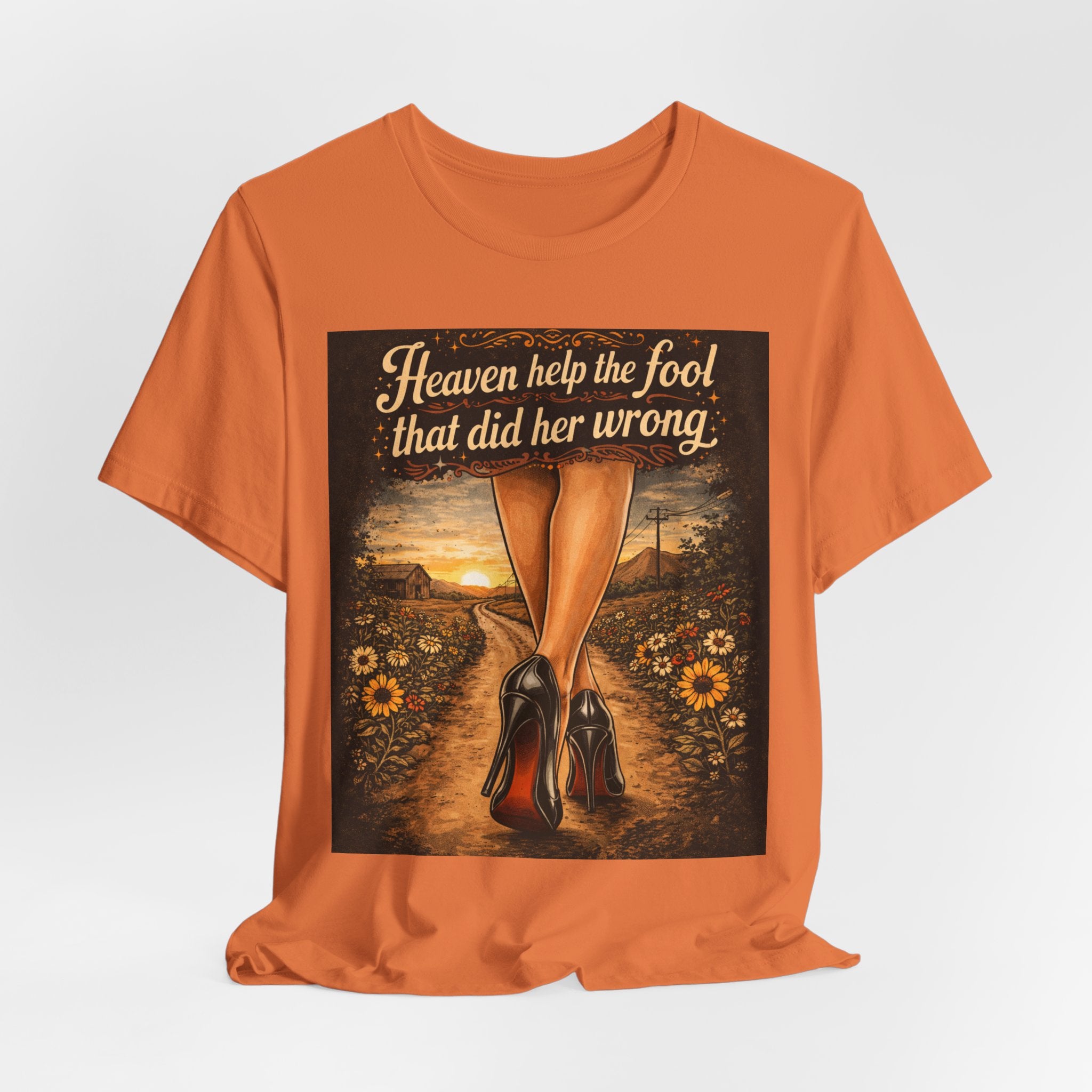 Heaven Help the Fool Graphic Tee — Retro Sunset Pinup Legs Shirt