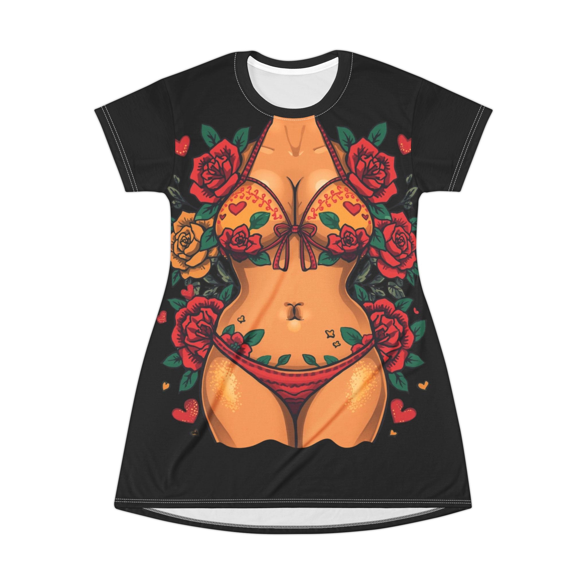 Floral Pin-Up T-Shirt Dress — Rose Bikini Bodice All-Over Print