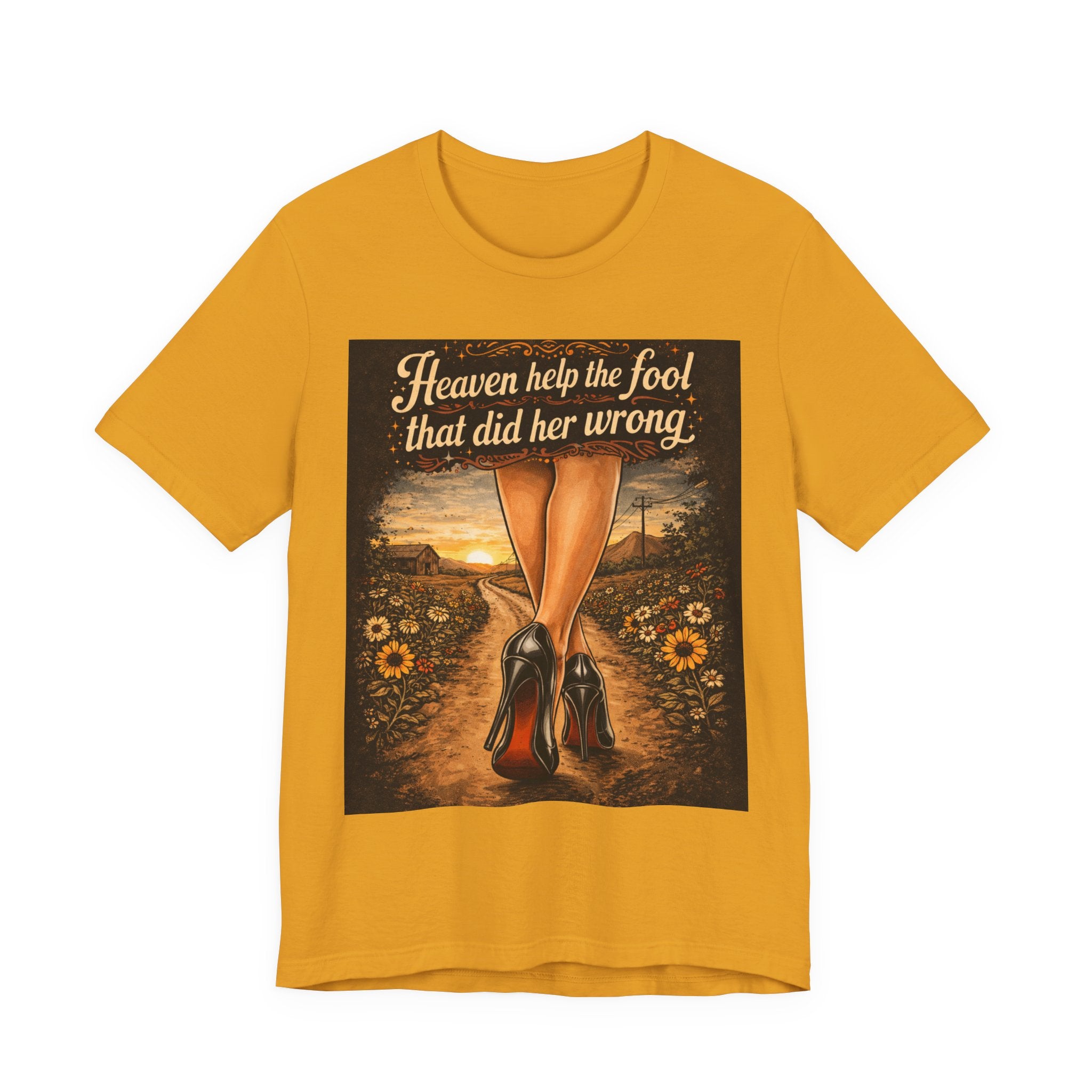 Heaven Help the Fool Graphic Tee — Retro Sunset Pinup Legs Shirt