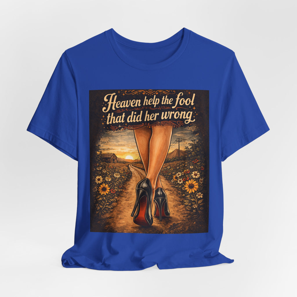 Heaven Help the Fool Graphic Tee — Retro Sunset Pinup Legs Shirt