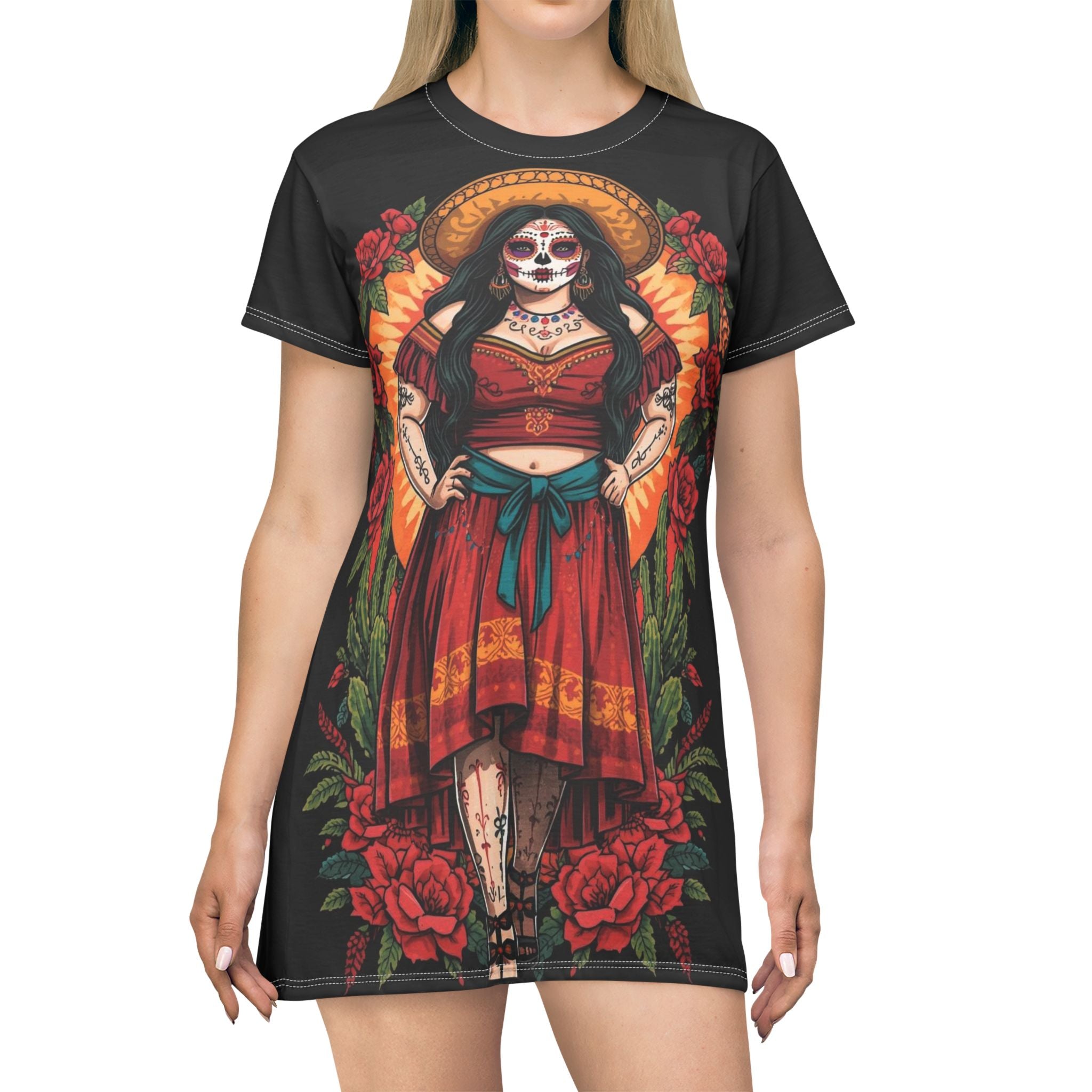 Day of the Dead Sugar Skull Girl T‑Shirt Dress — Floral Mexican Fiesta Dress