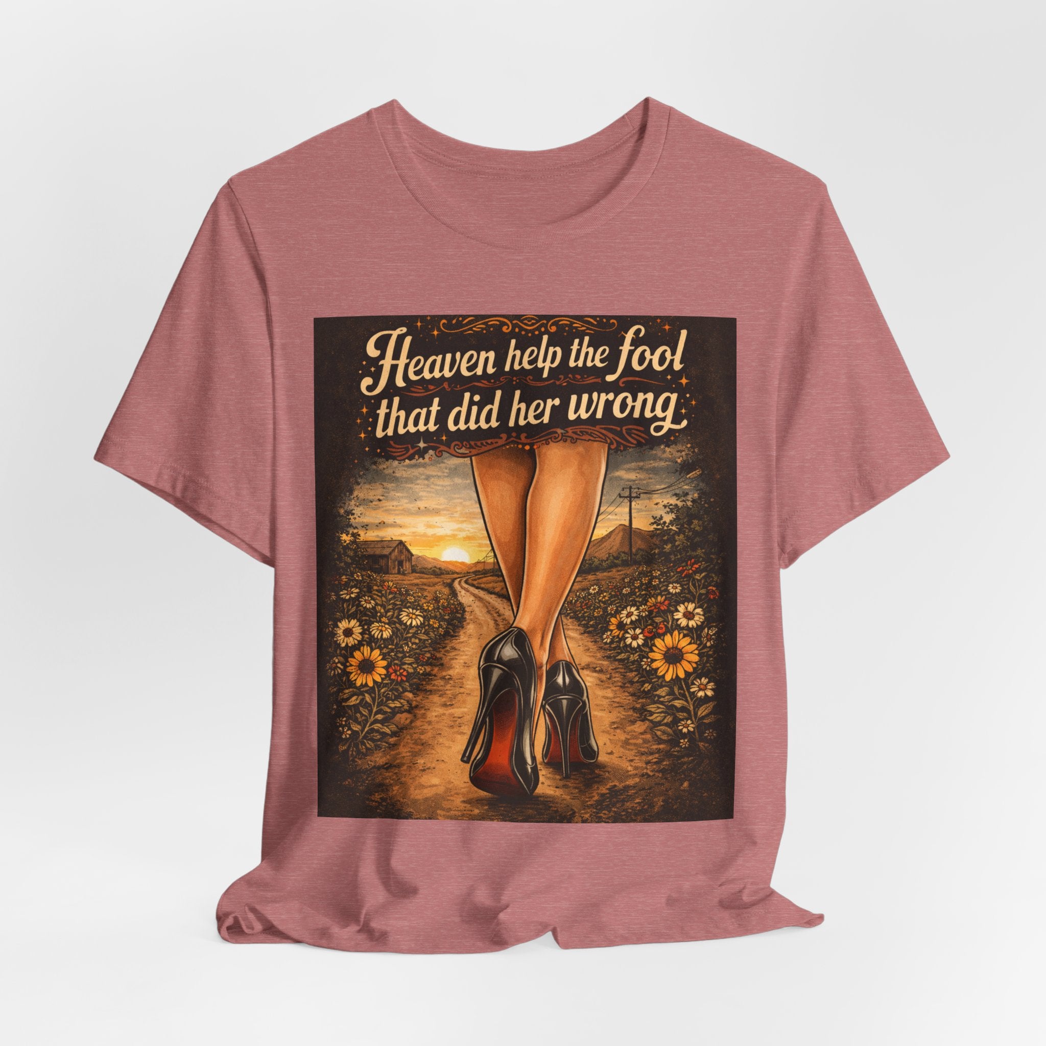 Heaven Help the Fool Graphic Tee — Retro Sunset Pinup Legs Shirt