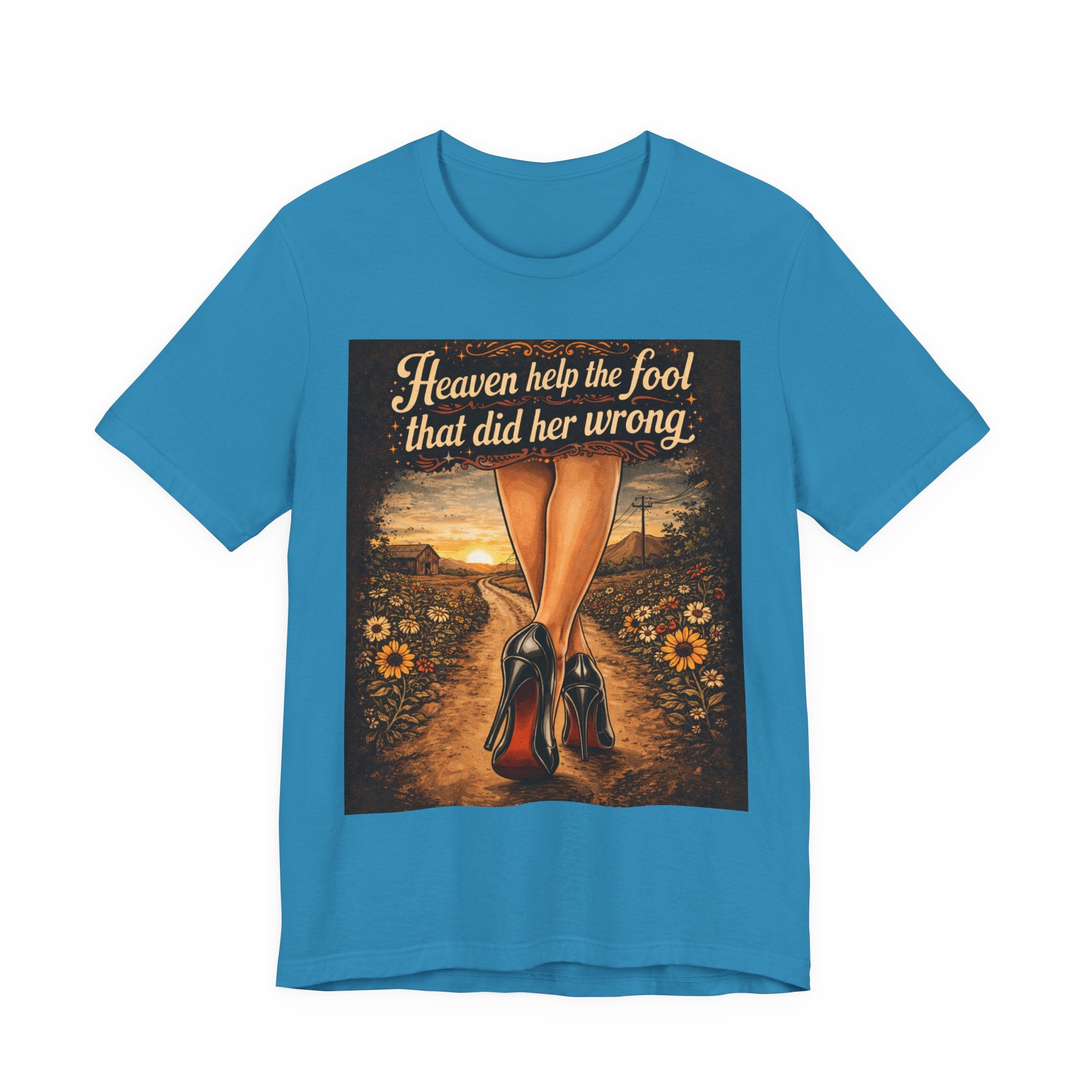 Heaven Help the Fool Graphic Tee — Retro Sunset Pinup Legs Shirt