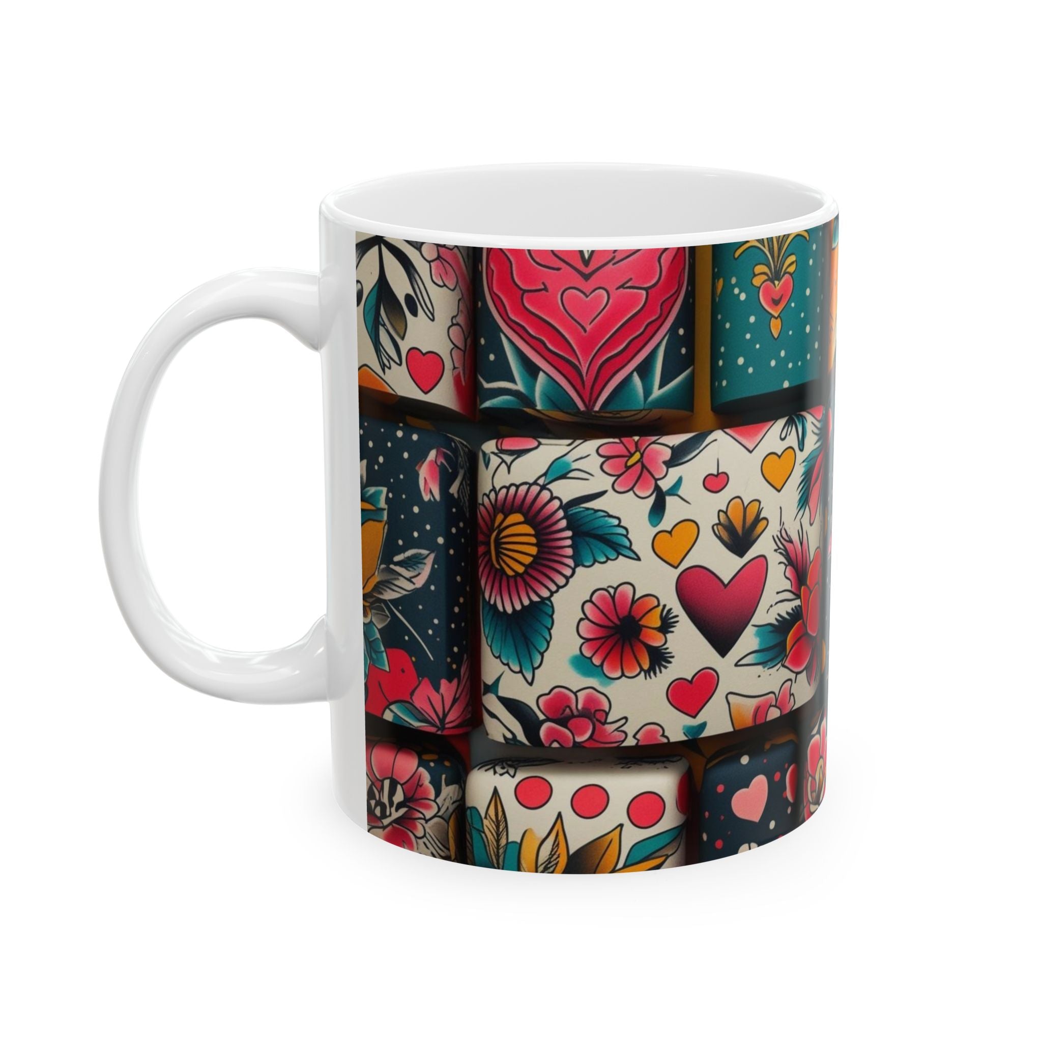 Floral Patchwork Ceramic Mug – Colorful Folk Art Heart & Flower Design (11oz & 15oz)