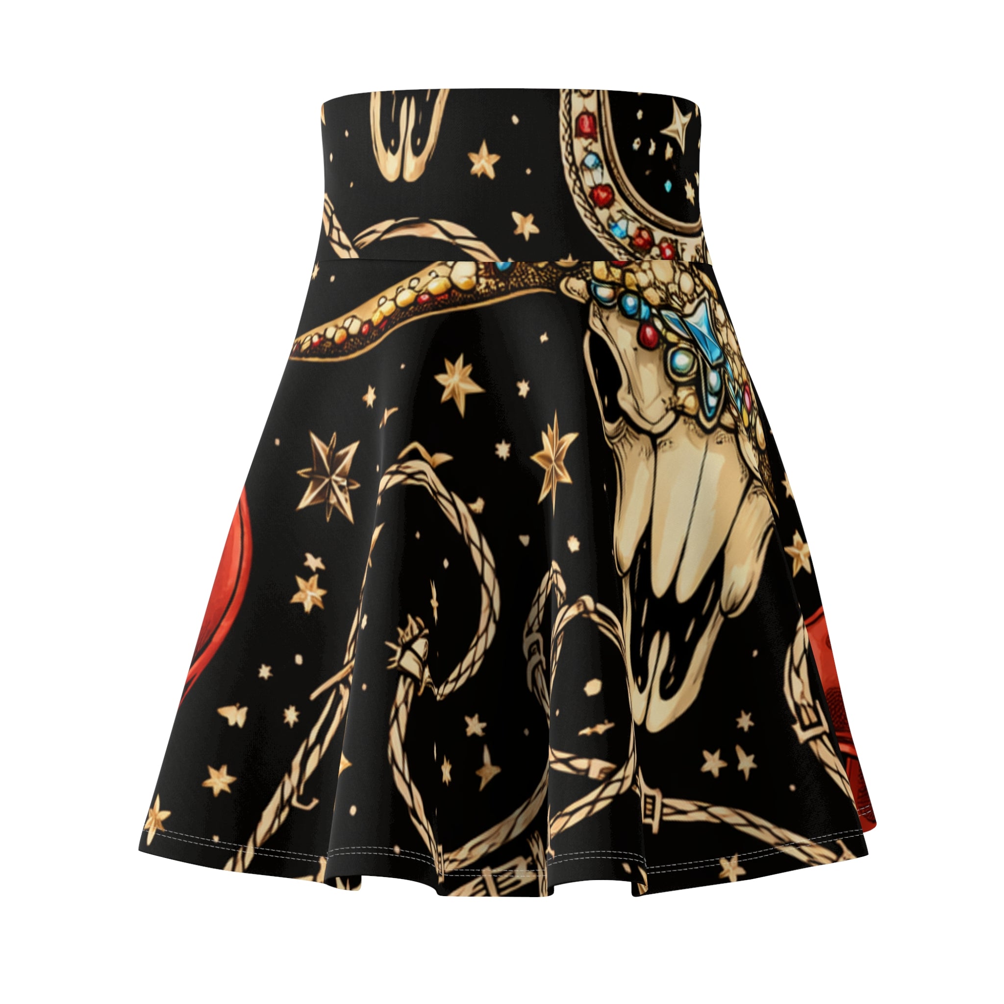 Cow Skull Boho Skater Skirt — Western Heart & Star Pattern
