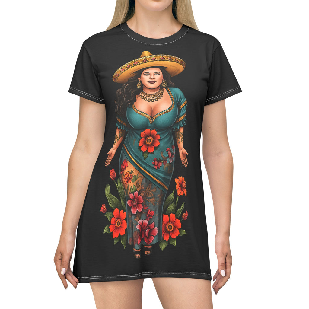 Fiesta Chicana T-Shirt Dress – Colorful Latina Girl with Sombrero Floral Design