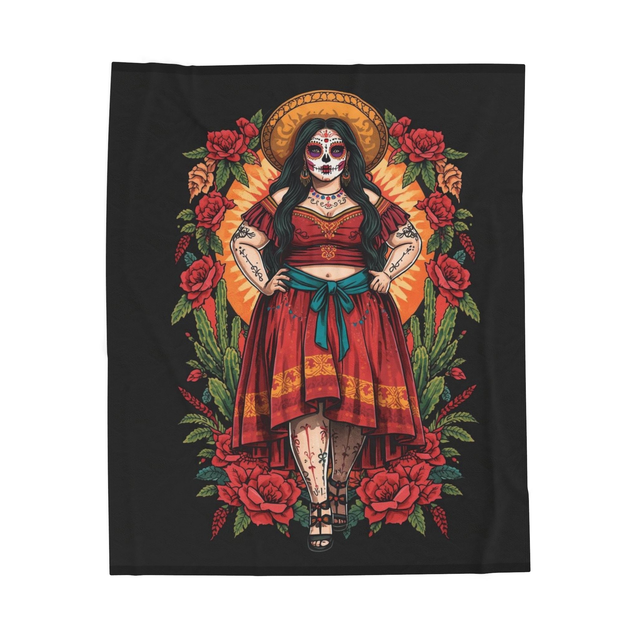 Day of the Dead Velveteen Plush Blanket – Mexican Sugar Skull Girl Design