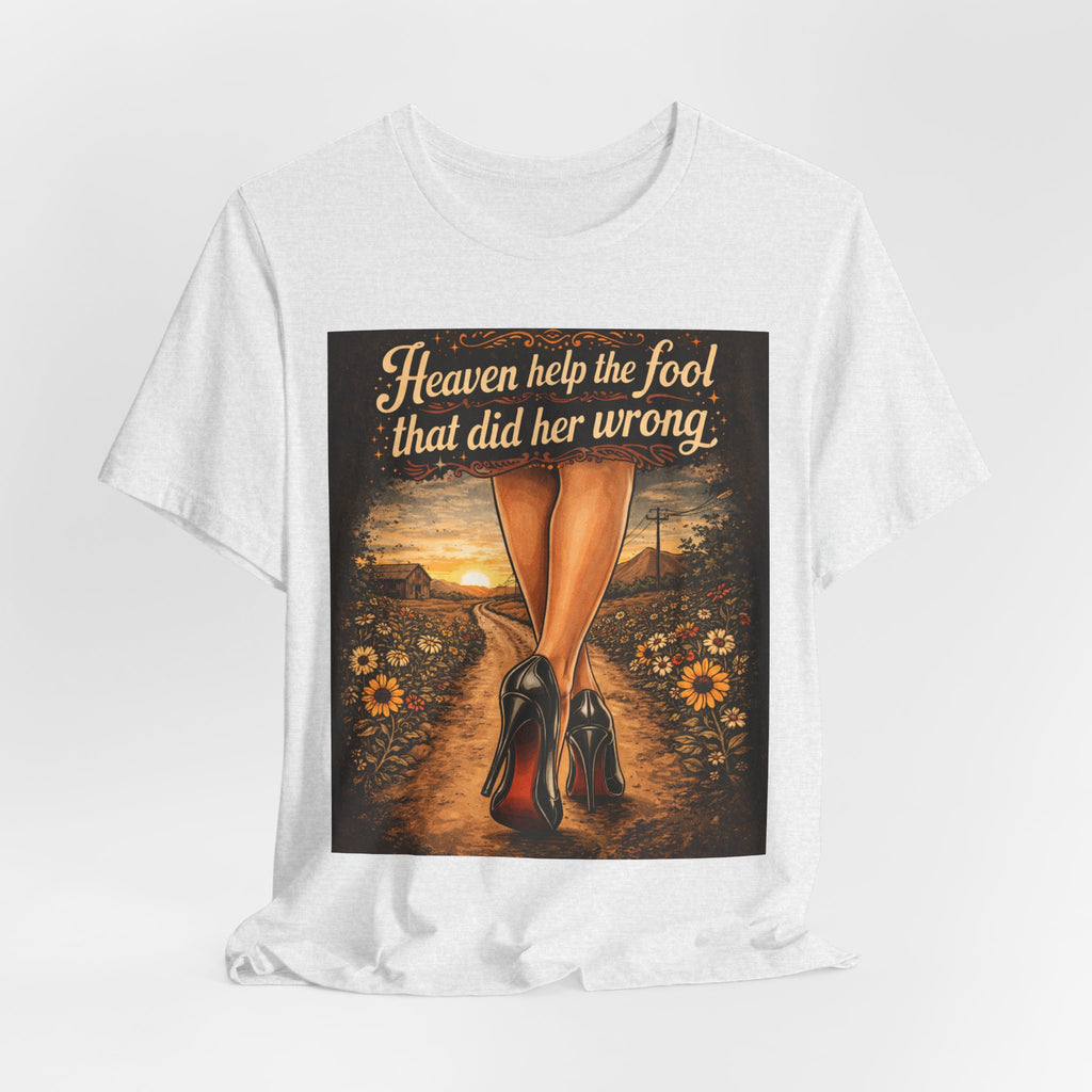 Heaven Help the Fool Graphic Tee — Retro Sunset Pinup Legs Shirt
