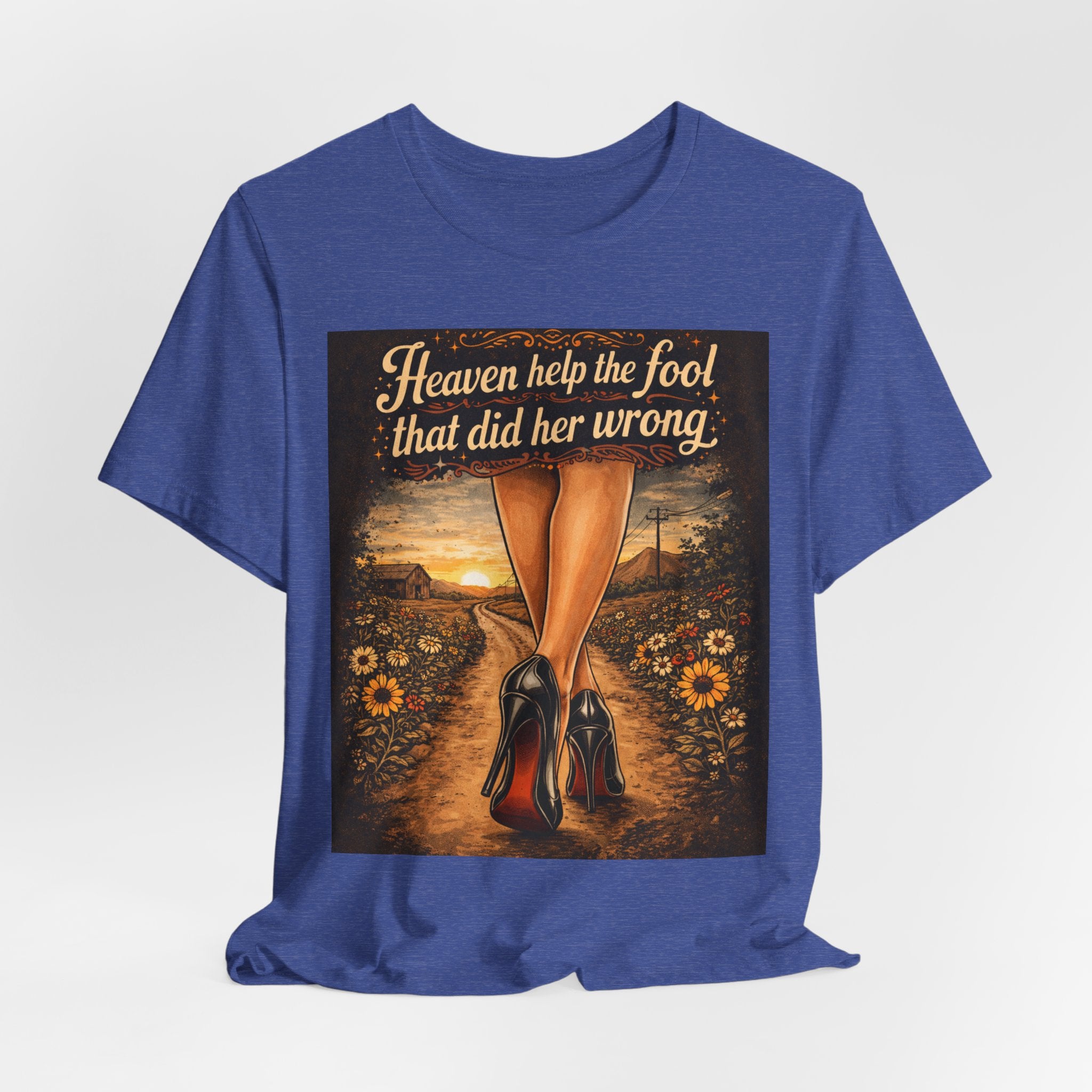 Heaven Help the Fool Graphic Tee — Retro Sunset Pinup Legs Shirt