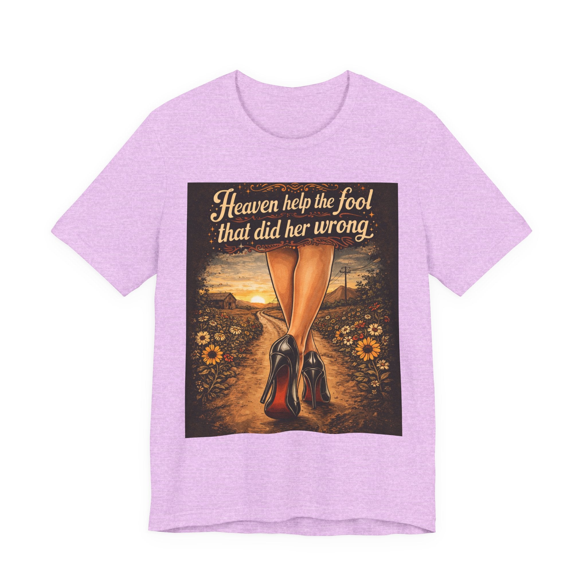 Heaven Help the Fool Graphic Tee — Retro Sunset Pinup Legs Shirt