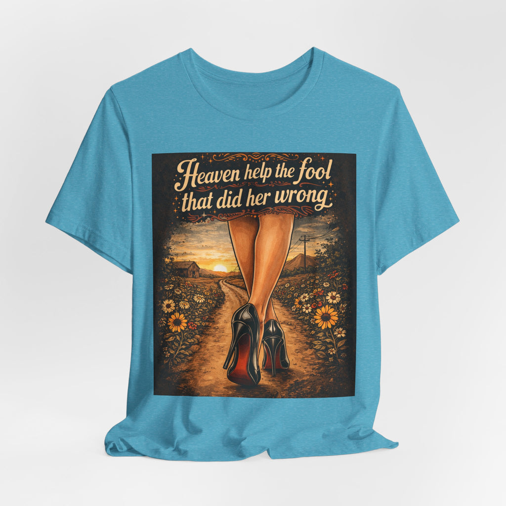Heaven Help the Fool Graphic Tee — Retro Sunset Pinup Legs Shirt