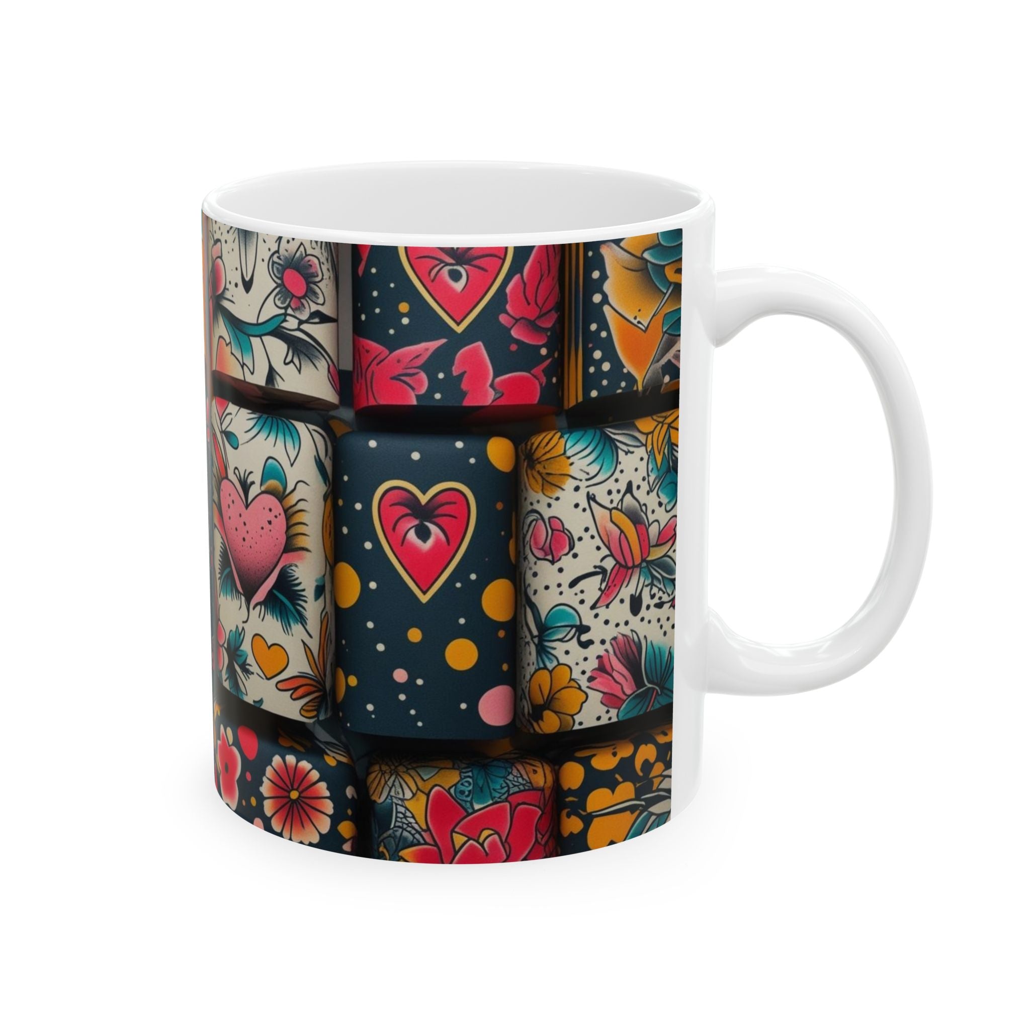 Floral Patchwork Ceramic Mug – Colorful Folk Art Heart & Flower Design (11oz & 15oz)