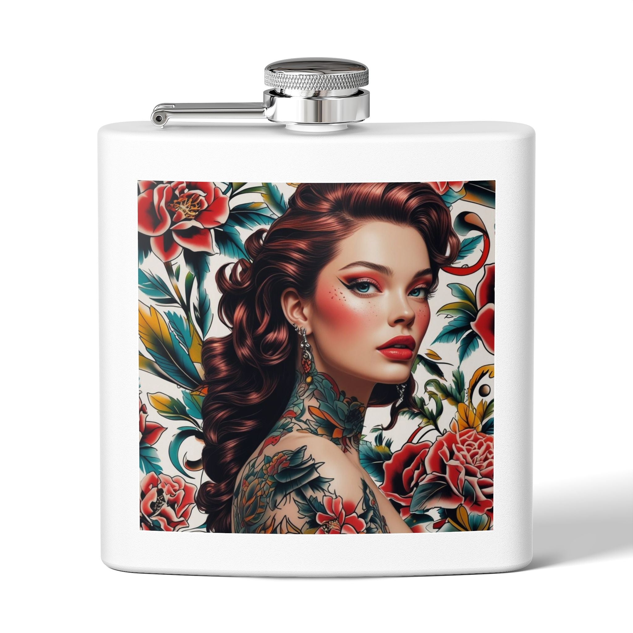Flask — Floral Tattooed Woman 6oz Stainless Steel Hip Flask