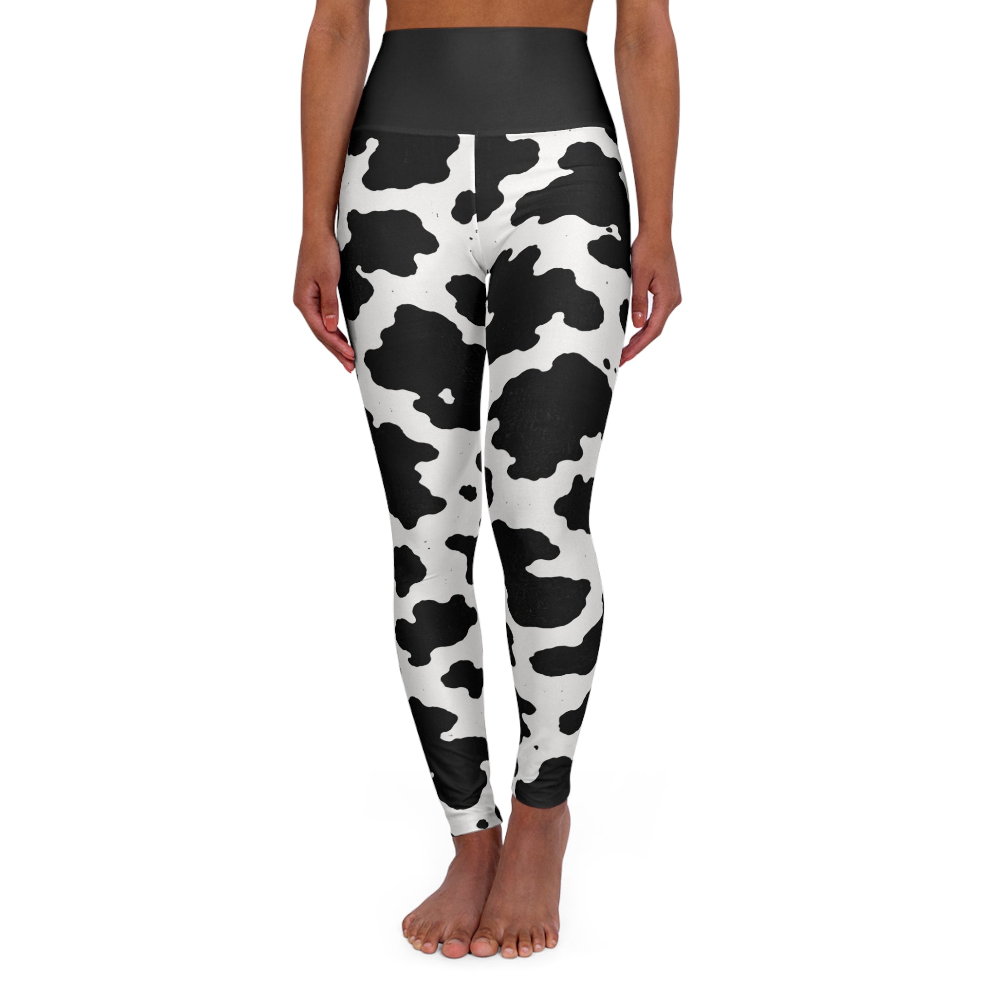 Cow Print High-Waist Yoga Leggings — Black & White Asymmetric Pattern