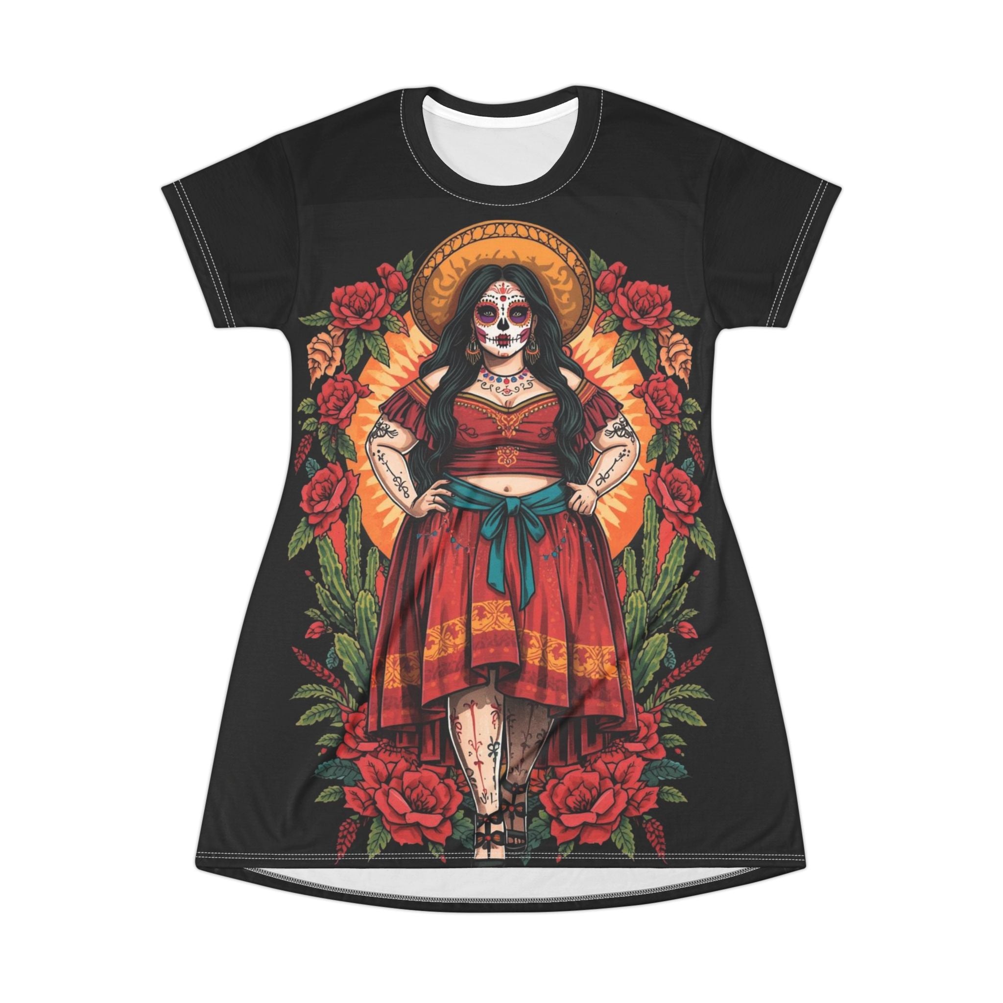 Day of the Dead Sugar Skull Girl T‑Shirt Dress — Floral Mexican Fiesta Dress