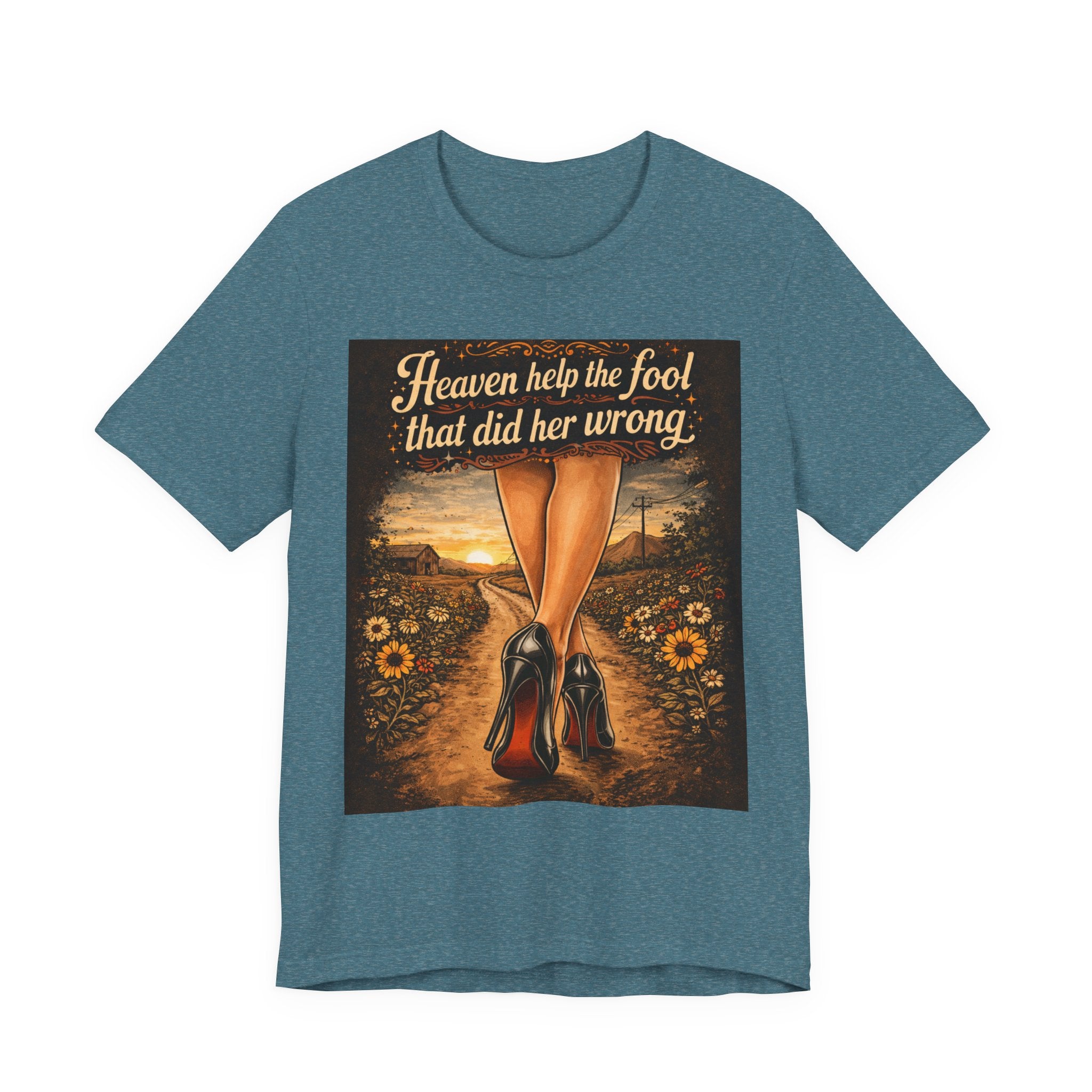 Heaven Help the Fool Graphic Tee — Retro Sunset Pinup Legs Shirt