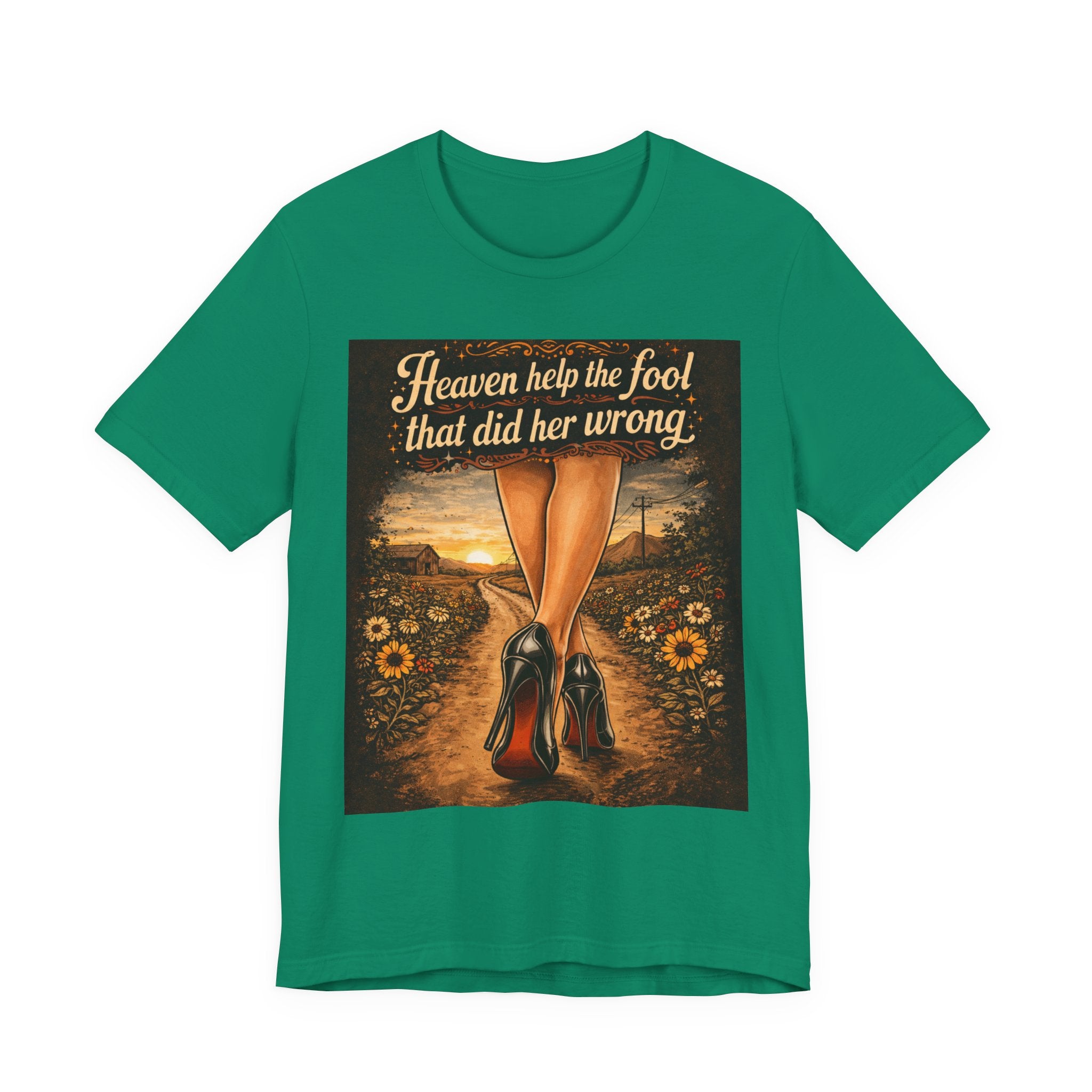 Heaven Help the Fool Graphic Tee — Retro Sunset Pinup Legs Shirt