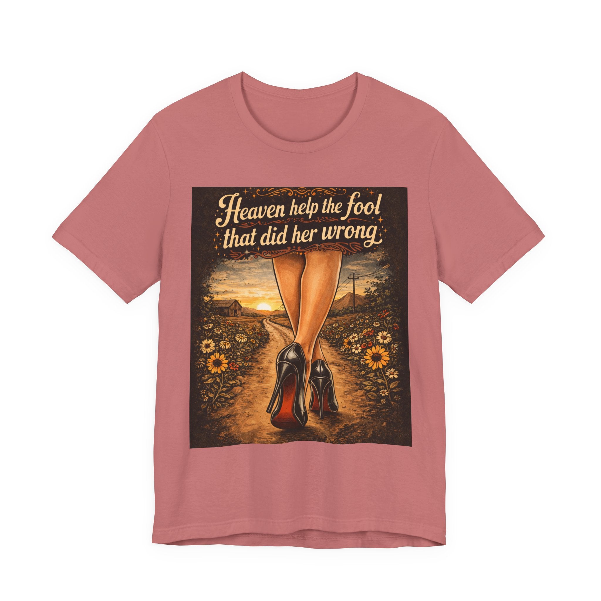 Heaven Help the Fool Graphic Tee — Retro Sunset Pinup Legs Shirt
