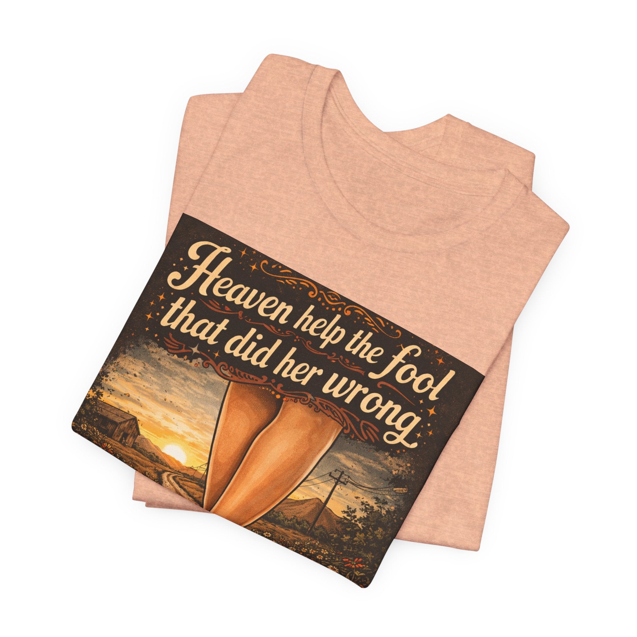 Heaven Help the Fool Graphic Tee — Retro Sunset Pinup Legs Shirt