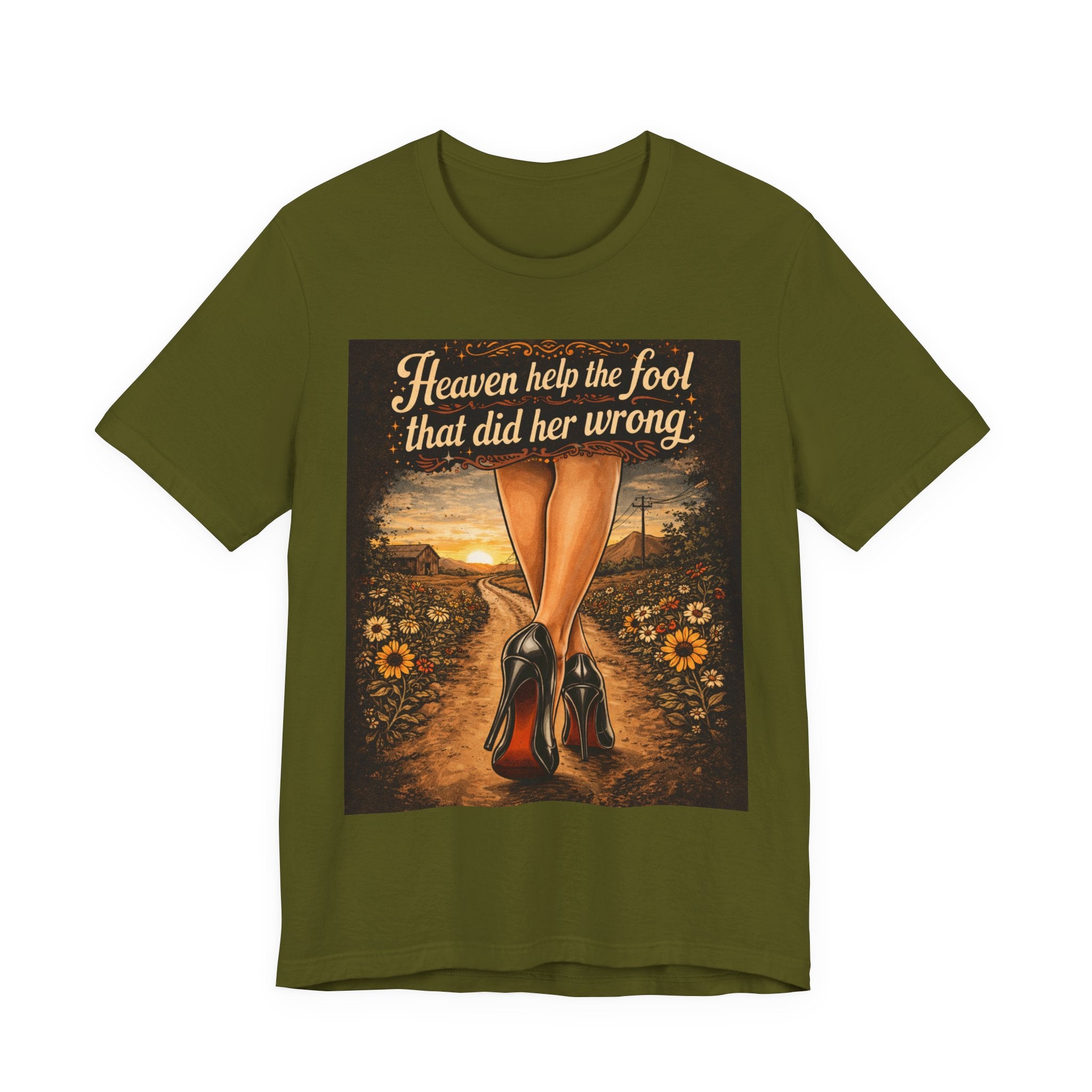 Heaven Help the Fool Graphic Tee — Retro Sunset Pinup Legs Shirt