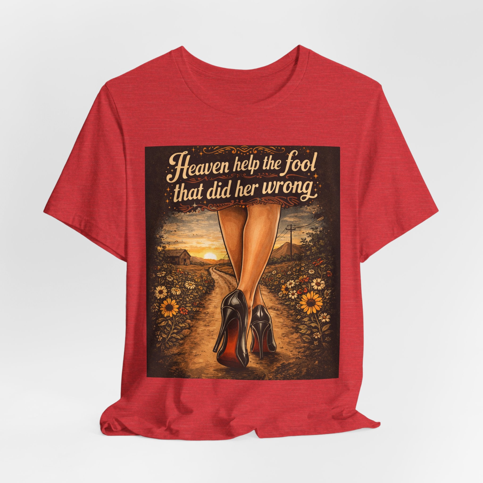 Heaven Help the Fool Graphic Tee — Retro Sunset Pinup Legs Shirt