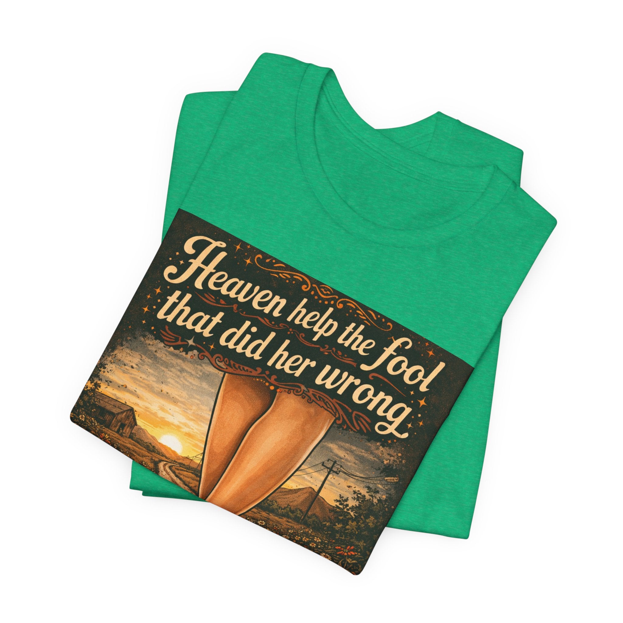 Heaven Help the Fool Graphic Tee — Retro Sunset Pinup Legs Shirt