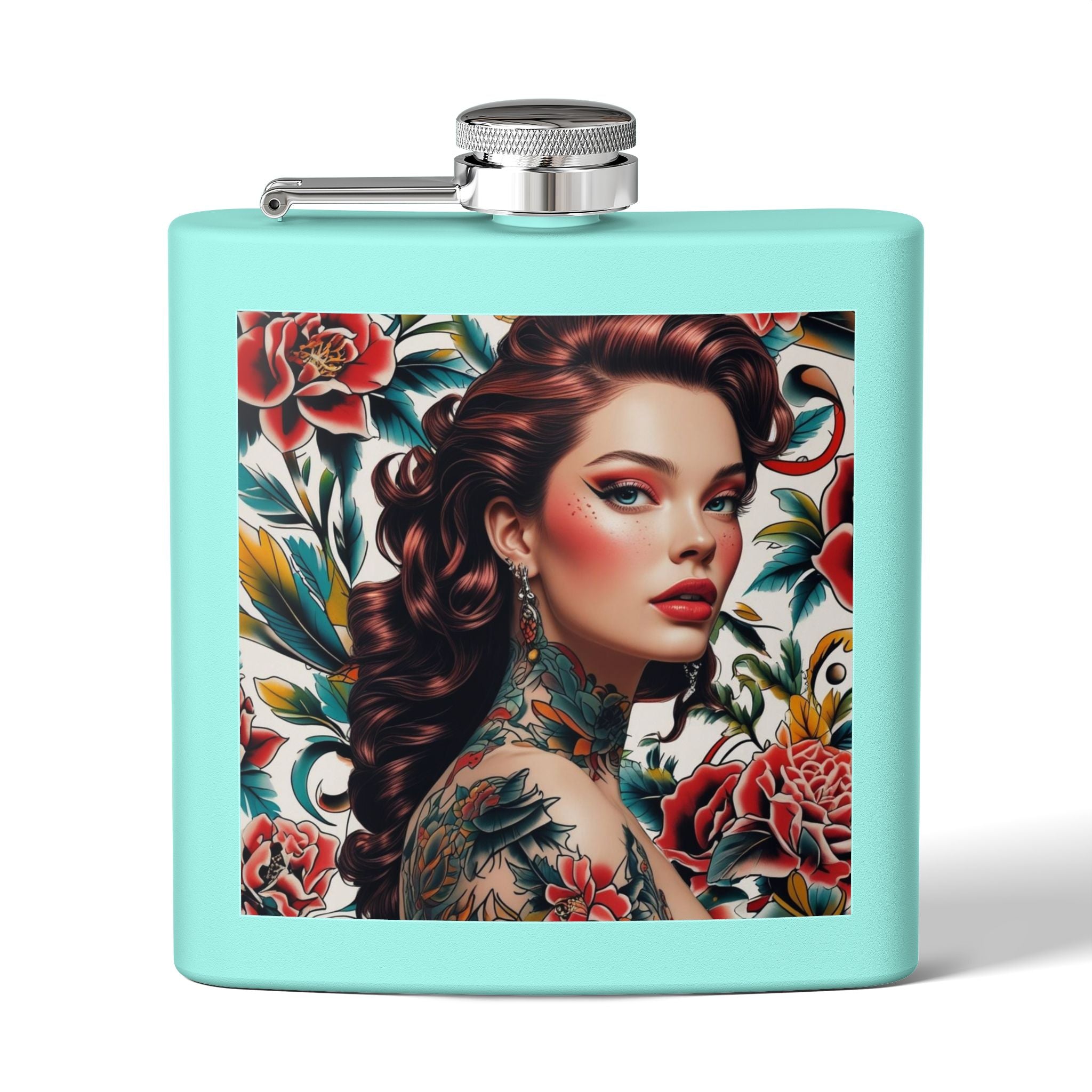 Flask — Floral Tattooed Woman 6oz Stainless Steel Hip Flask