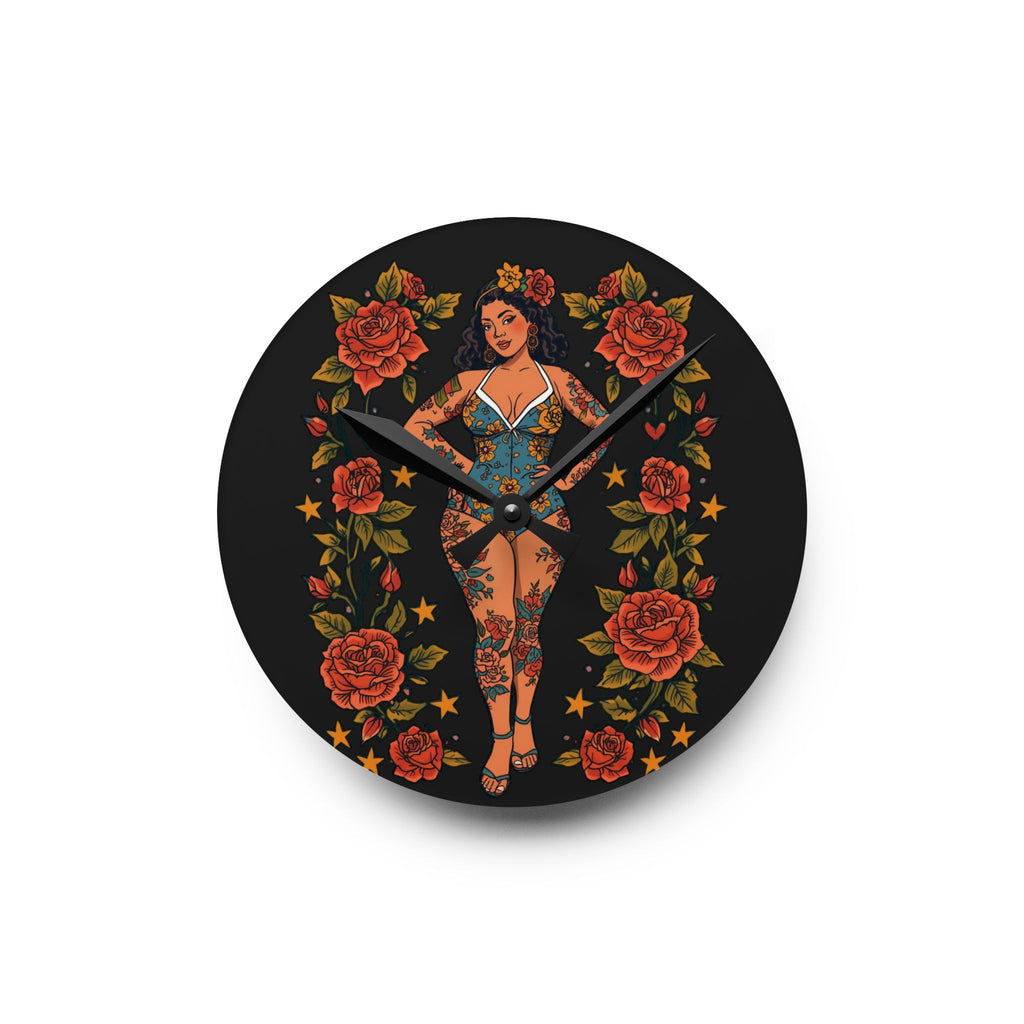 Pin-Up Rose Acrylic Wall Clock — Retro Tattoo Girl Decorative Clock