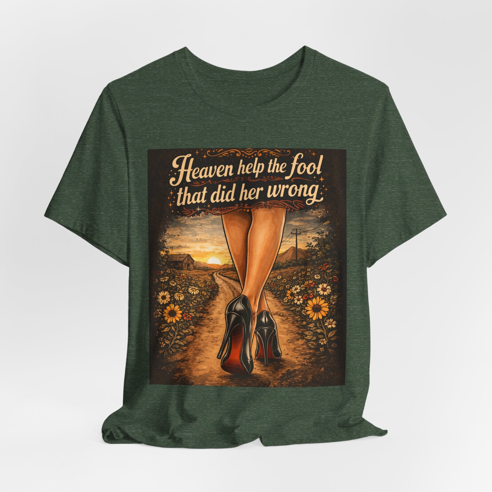 Heaven Help the Fool Graphic Tee — Retro Sunset Pinup Legs Shirt