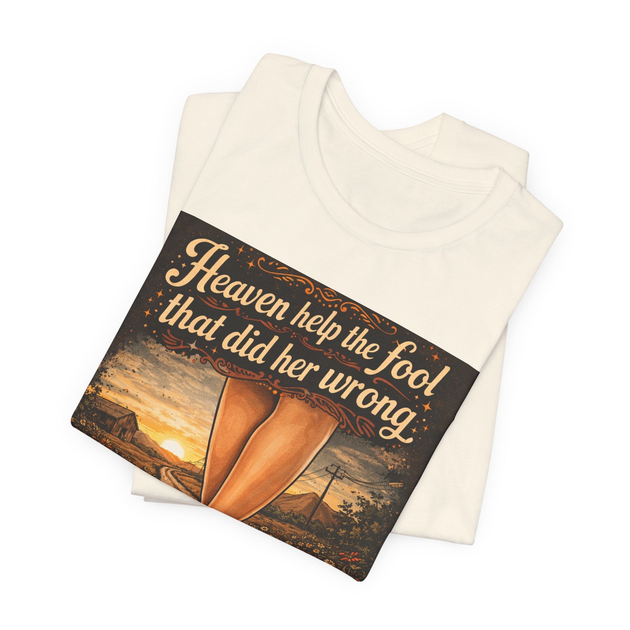 Heaven Help the Fool Graphic Tee — Retro Sunset Pinup Legs Shirt