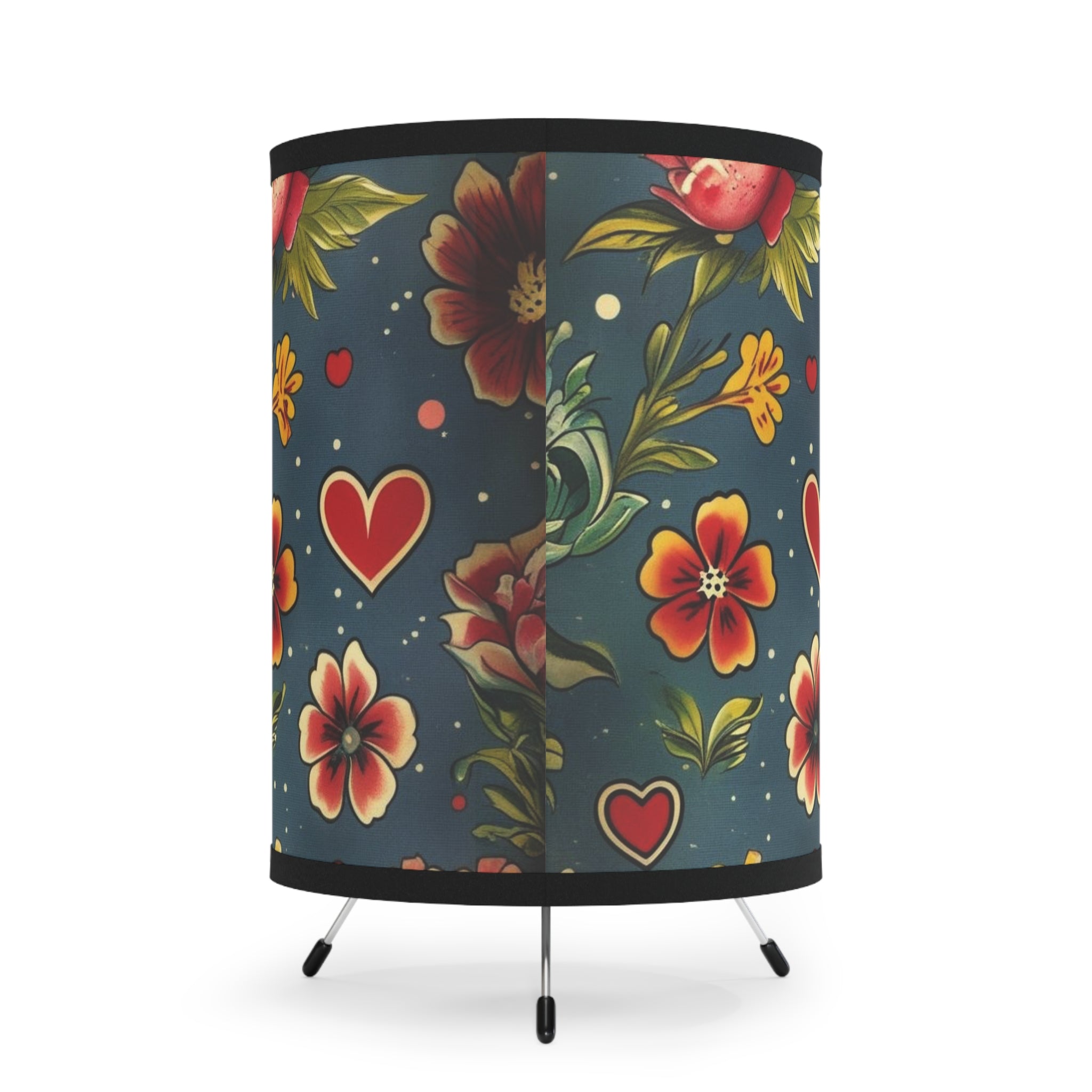 Floral Heart Tripod Lamp — Vintage Folk Print Shade