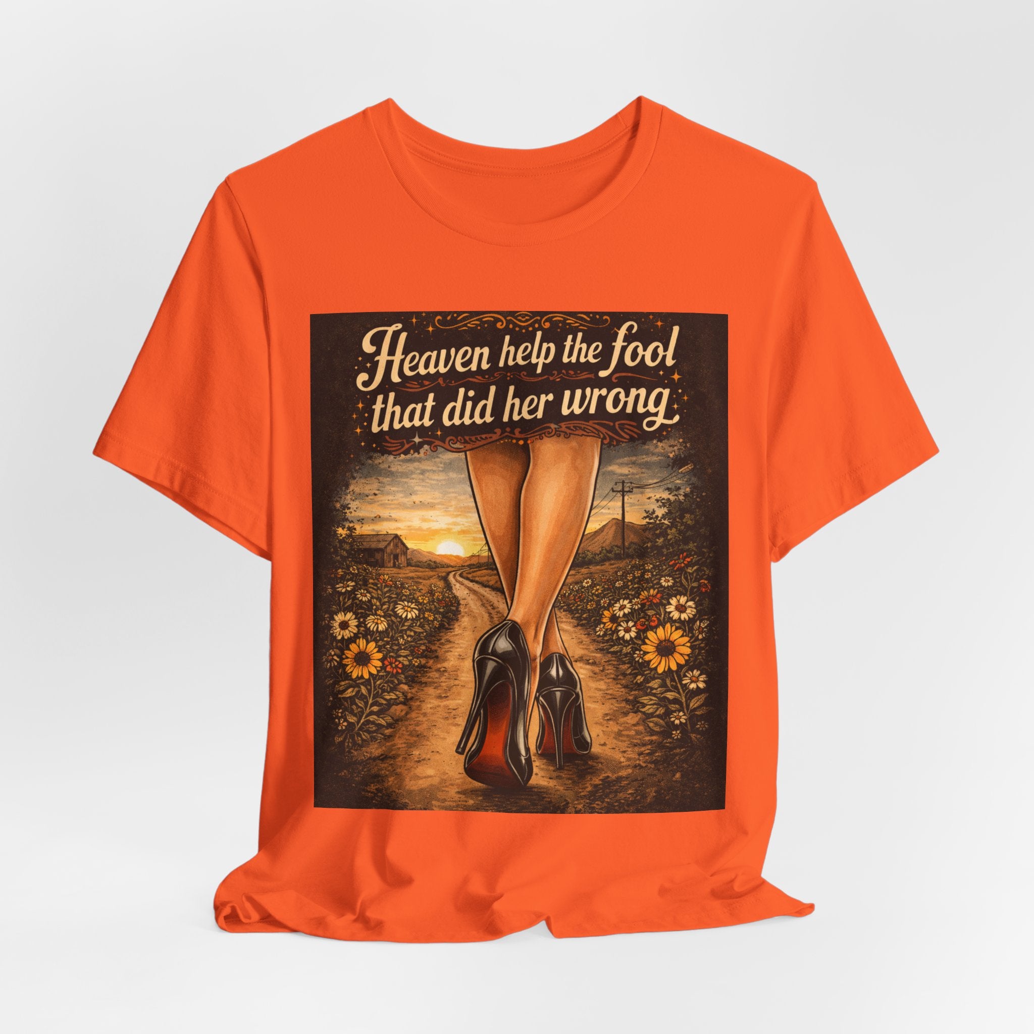 Heaven Help the Fool Graphic Tee — Retro Sunset Pinup Legs Shirt