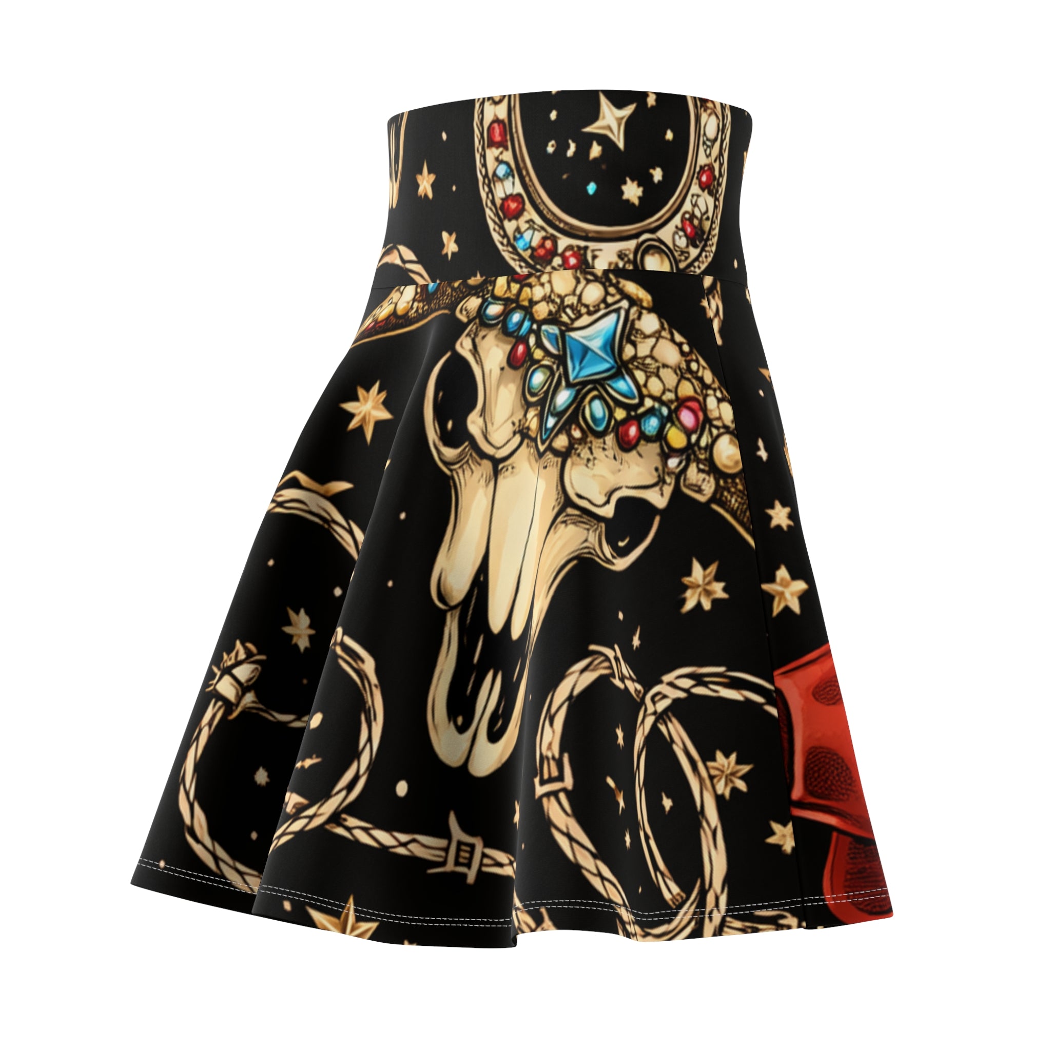 Cow Skull Boho Skater Skirt — Western Heart & Star Pattern
