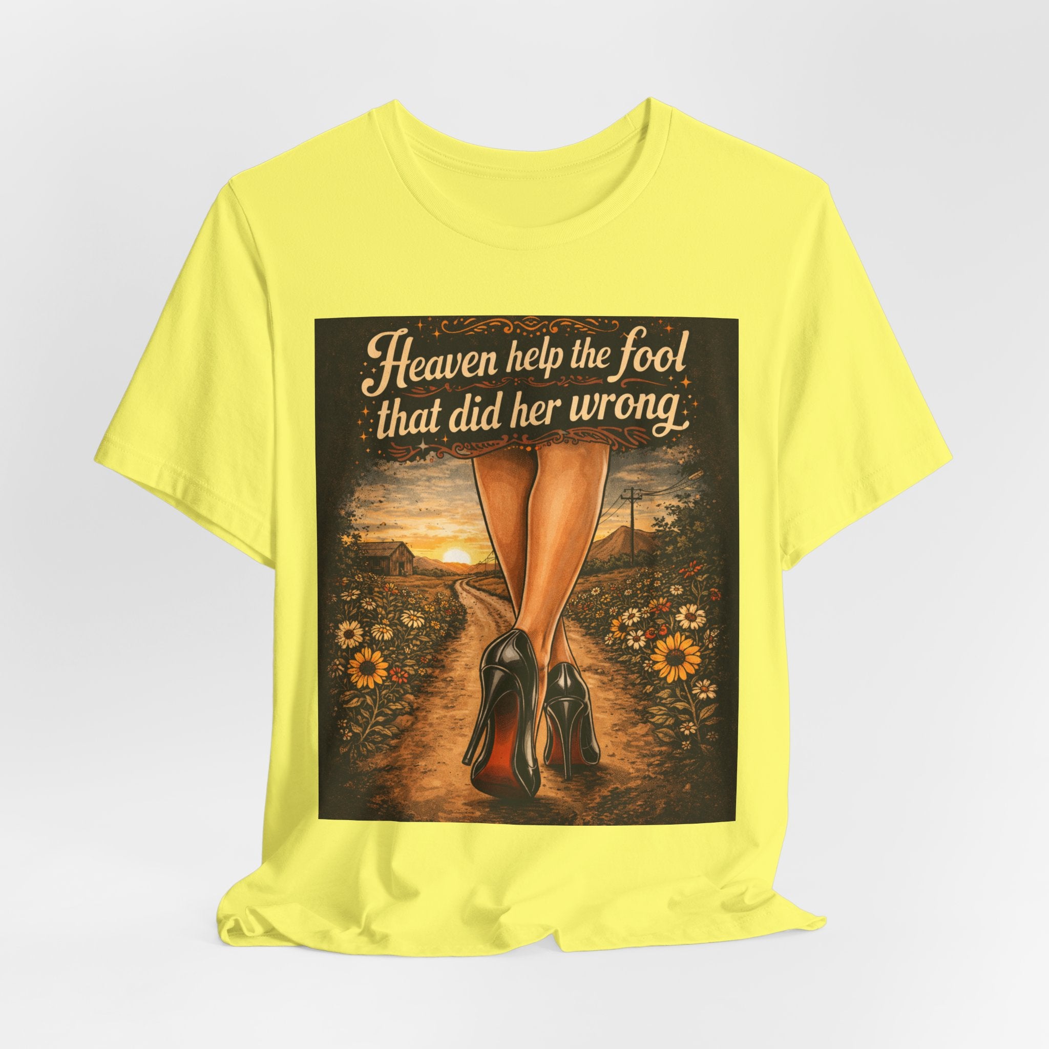 Heaven Help the Fool Graphic Tee — Retro Sunset Pinup Legs Shirt