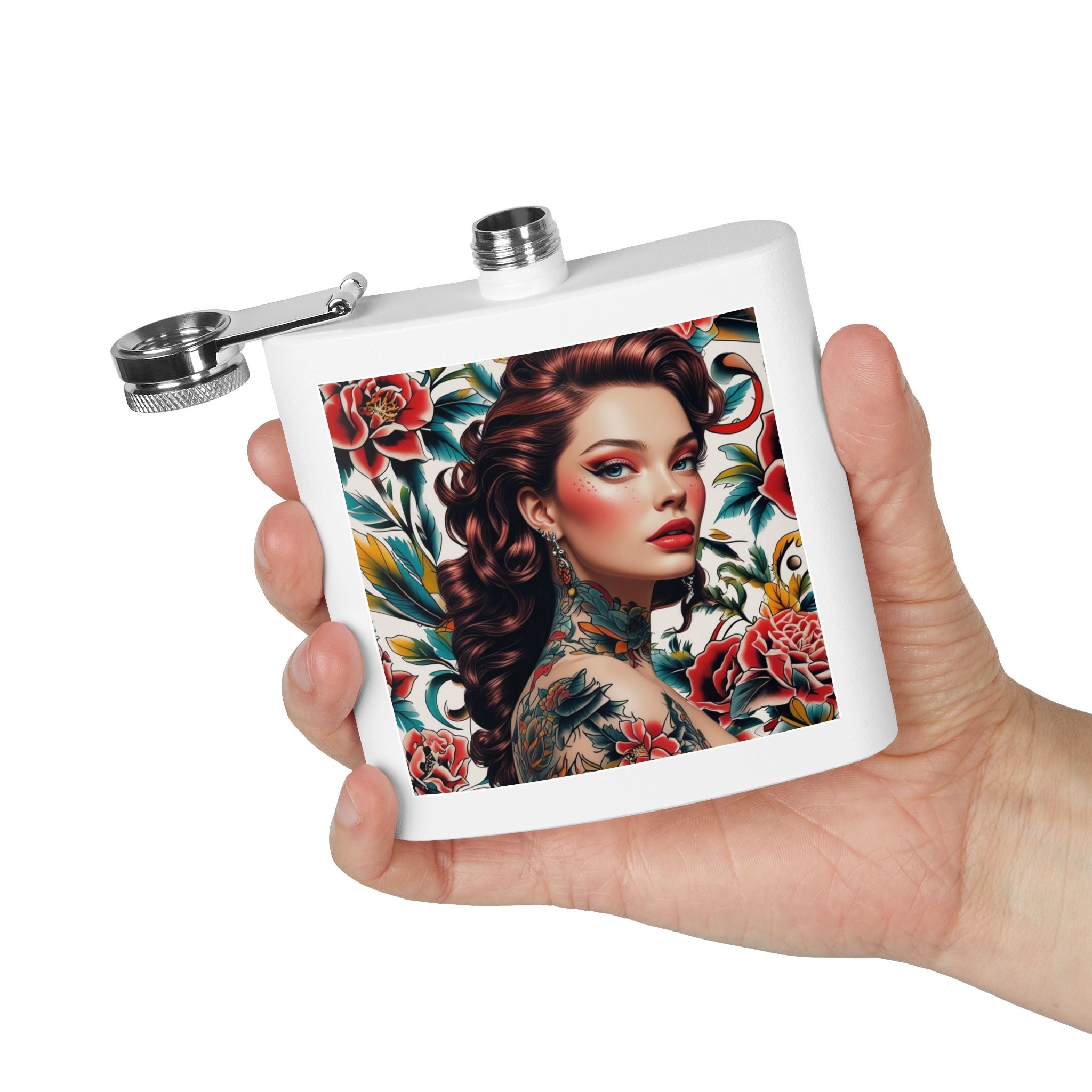 Flask — Floral Tattooed Woman 6oz Stainless Steel Hip Flask