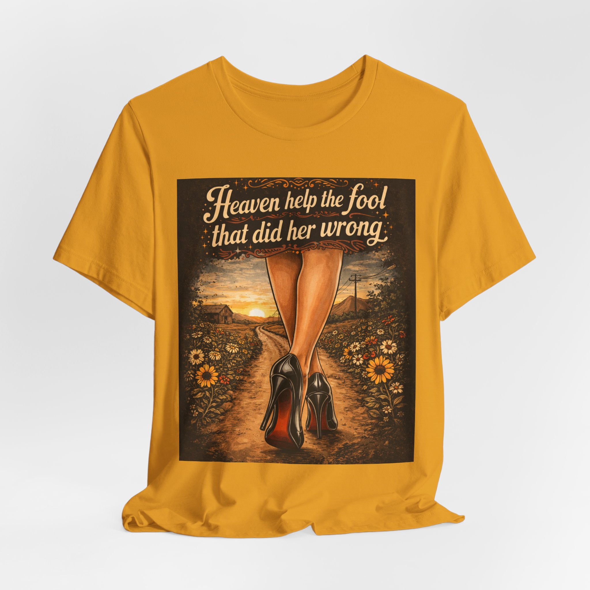 Heaven Help the Fool Graphic Tee — Retro Sunset Pinup Legs Shirt